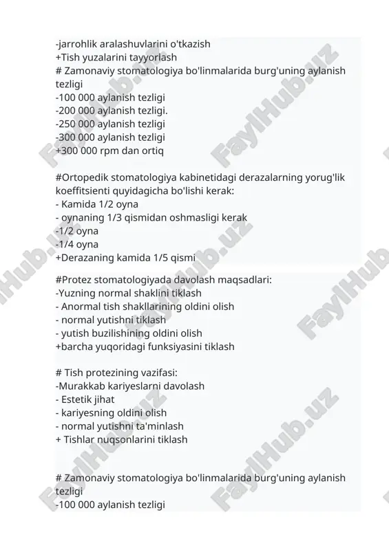 asining maqsadi? - tish tayyorlash uchun - tish plastinkasining mavjudligini tekshirish - qo'shimcha muhrlash vositasi - tish tishlarini tortib olish uchun +erish qiyin bo'lgan joylarni tekshirish #tish pinsetlarining maqsadi: - lablar tortilishi - harakatlanuvchi plomba moddasi - tish davolash - borish qiyin bo'lgan joylarni tekshirish +tishlarning harakatchanlik darajasini aniqlash #bemorni tekshirish uchun asosiy vositalar: - periodontal zond - krampon qisqichlari -lift - shtopfer +oyna #zontlarining turlari: - yoriq - pulpar -s shaklida -umumjahon +periodontal #krampon forsepslari ortopedik stomatologiyada quyidagilar uchun ishlatiladi: - toj bezaklari - materialni mahkamlash - pin quyish - pin sozlamalari +eguvchi simli qisqichlar #tish anvillari quyidagilar uchun ishlatiladi: - kronlarni sozlash - pinni qayta ishlash - pinlar ishlab chiqarish - kronlarni ishlab chiqarish +sun'iy tojlarni qayta ishlash #ortopediya kabinetining devorlari bo'yalgan bo'lishi kerak: -laym - bo'r - jigarrang tonlarda - kulrang-yashil tonlarda + yengil ranglarda #ortopediya kabinetidagi havo harorati: -16 - 25 ° s -12 - 15 …
