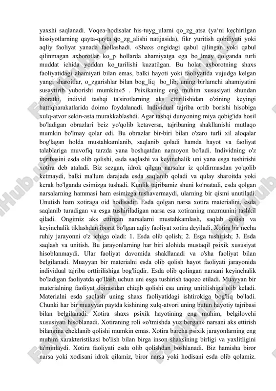 ik qonuni. harflarni alifbodagi tartibida yoddan aytish oson, uni teskarisiga aytish qiyin bo‗lganidek, xotirada ham ma‘lumotlarni ma‘lum tartibda joylashtirishga va kerak bo‗lganda, tartib bilan birin-ketin tiklash maqsadga muvofiqdir. kuchli taassurotlar qonuni. eslab qilinadigan narsa to‗g‗risidagi birinchi taassurot qanchalik kuchli bo‗lsa, unga aloqador obraz ham shunchalik yorqin bo‗ladi va siz uchun ahamiyatli ma‘lumotlar oqimida eslanayotgan material ham yaxshi esga tushadi. tormozlanish qonuni. har qanday yangi ma‘lumot o‗zidan oldingi ma‘lumotni tormozlaydi. oldingi ma‘lumotning o‗chib ketmasligi uchun, yangini esda saqlashdan avval, uni mustahkamlash choralarini ko‗rishingiz kerak3 . kasb xodimlari faoliyatida «kasbiy xotira - xodimning ilgari idrok etib amalga oshirgan, boshidan kechirgan, tezkor xizmat faoliyatiga aloqador va uni muvaffaqiyatli amalga oshirish uchun zarur bo‗lgan ma‘lumotlarni eslab qolish, esda saqlash va keyinchalik yana xotirada qayta tiklash xususiyatlarini ifodalovchi xislat»4 . kasb xodimlaridan faoliyatini tashkil etishda xotiraning muvaffaqiyatga erishtiruvchi asosiy jarayonlarini bilish talab etiladi. xotirada axborotni eslab qolish, keyin esga tushirish jarayoni subyekt faoliyatida katta ahamiyat …