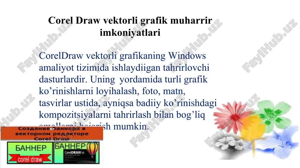 erfeysining boshqa elementlari kabi uning konfigurasiyasini ham o`zgartirish mumkin. foydalanuvchi o`zi holat qatorida qanday ma`lumotlar berilishini aniqlashi mumkin. masalan: tanlangan uskuna to`g`risida qisqa ma`lumot; sichqoncha ko`rsatgichi koordinatalari; tanlangan ob`ekt haqida ma`lumot; transformasiyalash jarayonida ob`ektning geometrik o`lchamlari o`zgarishi va uning koordinatalari; tanlangan ob`ektning to`ldirish ranglari haqida ma`lumot; tanlangan ob`ektning atroflama chiziqlarining qalinligi va rangi haqidagi ma`lumot; corel drawda tasvir yaratish rastrli va vektorli grafikada tasvir farqi corel draw vektorli grafikada tasvir yaratish corel draw vektorli grafikada tasvir yaratish corel draw vektorli grafikada tasvir yaratish