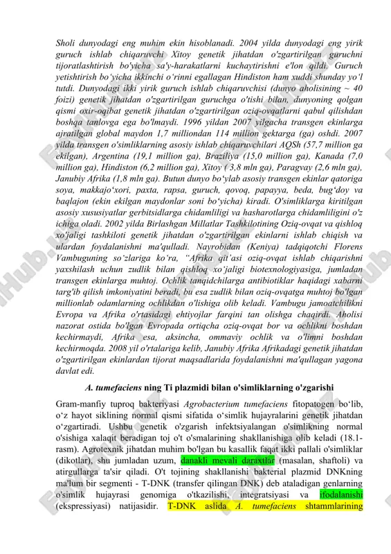 shlab chiqarish uchun tayyorlanishi mumkin. shu bilan bir qatorda, ular virusli antigen determinantlarni sintez qilish uchun ishlab chiqilishi mumkin va yutilgandan keyin qutulish mumkin bo'lgan vaktsinalar sifatida ishlatilishi mumkin. bugungi kunga qadar dunyoning 50 dan ortiq mamlakatlarida 150 dan ortiq turli oʻsimlik turlari, jumladan, koʻplab ekinlar va oʻrmon turlari genetik jihatdan oʻzgartirilgan. o'simliklar biotexnologiyasi o'simliklarni ko'paytirish dasturlariga katta ta'sir ko'rsatmoqda, chunki u an'anaviy o'simliklarni ko'paytirish usullaridan foydalangan holda yangi navni yaratish uchun zarur bo'lgan 10-15 yilni sezilarli darajada qisqartiradi. 2008 yil o'rtalarida tadqiqotchilar yuzlab mikroorganizmlar va o'nlab hayvonlarning to'liq dnk ketma-ketligi haqida xabar berishdi, lekin faqat uchta o'simlik: arabidopsis thaliana, guruch va terak. o'sha paytda makkajo'xori, soya, rapsa, pomidor, paxta, kartoshka, kassava, jo'xori, uzum va shaftoli kabi bir qancha boshqa o'simliklarning genom ketma-ketligi boshlangan edi. o'simlik genlari va genomlarini o'rganish hayvonlarni o'rganishdan aniq orqada qolsa-da, u jadal rivojlanmoqda, shuning uchun keyingi 5-10 yil ichida o'simliklar biotexnologiyasiga katta ta'sir ko'rsatadigan ko'plab …