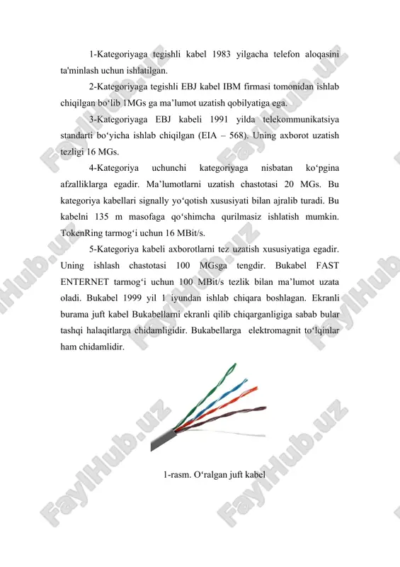 ab bular tashqi halaqitlarga chidamligidir. bukabellarga elektromagnit toʻlqinlar ham chidamlidir. 1-rasm. oʻralgan juft kabel bukabel ibm firmasida ishlab chiqilgan boʻlib standarti boʻyicha 9 ta turga boʻlinadi: ture1, ture2, ... , ture9. 1-turga tegishli kabellarda 2 juft oʻtkazgichdan iboratdir. bukabel ekraniga yerga ulanish moslamasi orqali yerga ulash orqali uni har xil tashqi maydonlardan himoya qilish mumkin. uning toʻlqin tarqatish qarshiligi 1500 om ga teng. bukabellar ya’ni burama juft kabellar arzonligi bilan ajralib turadi. 3. shisha tolali kabel (volokonno-optik kabeli) shisha tolali kabellarni asosiy ma’lumot tashuvchisi yorugʻlik nuridan iborat boʻladi. bu kabellar uzatish turiga qarab 3 ga boʻlinadi. koʻp modali tola pogʻonasimon uzatish koʻp modali asta (plavniy) uzatish bir modali tola bu turlarni koʻrinishi quyidagicha boʻladi. bu kabel orqali ma’lumotlarni uzatish oraligʻi 5 km dan 10 km masofada hech qanday yordamchi qurilmasiz ma’lumotlarni yetkazish mumkin. bitta modali kabellarda ma’lumotlar 100 ggs kilometr tezlikda uzatiladi. bu kabellarni ishlab chiqarish texnologiyasi juda qiyin boʻlgani …