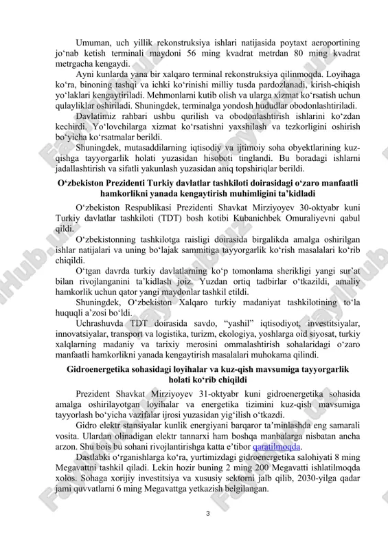 vni toshkent xalqaro aeroportiga olib boruvchi yo‘l o‘tkazgichdan boshladi. ma’lumki, bu ko‘prik bobur ko‘chasi bo‘ylab kichik halqa yo‘li va temir yo‘l ustidan o‘tadi. avtomobillar qatnoviga qulaylikni oshirish maqsadida bu yerda avvalgi ko‘prikka yondosh yana bir estakada qurilmoqda. u yig‘ma monolit uslubida bo‘lib, sifat talablariga mos. qurilish bitgach, ko‘prikning eni 46 metrga yetadi. bir kecha-kunduzda 20 ming transportni o‘tkazish qobiliyatiga ega bo‘ladi. ilgari bu ko‘rsatkich 9-10 ming atrofida edi. ko‘prik yonida 2 ta aylana, 4 ta yoysimon shakldagi chiqish-tushish yo‘li barpo etilmoqda. bu qayrilib olish xavfini yo‘qotib, boshqa yo‘llardagi harakatga qo‘shilishni osonlashtiradi. shuningdek, ko‘prik ustida piyodalar va velosipedlar yo‘laklari ham kengaytirildi. prezident bu yerdagi qurilish jarayoni bilan tanishdi. tutash yo‘llarda ham piyodalar va avtomobillar harakatiga qulayliklarni oshirish, atrofni ko‘kalamzorlashtirish bo‘yicha ko‘rsatmalar berdi. transport infratuzilmasida havo portlari strategik ahamiyatga ega. bu sohada “uzbekistan airports” aksiyadorlik jamiyati tuzilib, aeroportlar bosqichma-bosqich modernizatsiya qilinmoqda. so‘nggi yillarda toshkent xalqaro aeroportining 2-terminali yangilanib, o‘tkazish quvvati 2 barobar …