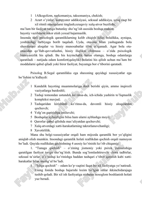 tushunyapman”, “ha, shunday” kabi ta’kidlardan tez-tez foydalanishi kerak. .psixolog konsultantga odamlar eng ko’p murojaat etadigan psixologik muammo turlaridan biri bu qaramliklardir. qaramlik so'zi psixologiyada addiksiya tarzida qo’llanadi. bundan keyingi o'rinlarda addiksiya so’zini ishlatamiz. addiksiyaga muloqot va faoliyatning qiyin shart-sharoitlariga moslashish usuli deya ta’rif berish mumkin. ko’incha mijozlar o’zlari qaram bo’lib qolgan obyektdan “dam olish”ga, “xursand bo’lish”ga imkon beradigan “makon” sifatida foydalanadilar. addiktiv xulq-atvorda odam reallikdan qochish uchun yo psixik holatini sun’iy o’zgartirish uchun qandaydir moddalarni qabul qiladi, yoxud ma’lum bir hislarni tuyish uchun diqqatini doimiy ravishda biror faoliyat turiga qaratadi. quyida addiktiv xulq-atvor turlariga to’xtalamiz: 1 1alkogolizm, narkomaniya, taksomaniya, chekish; 2 azart o’yinlar, kompyuter addiksiyasi, seksual addiksiya, uzoq vaqt bir xil ritmli musiqalarni tinglash;ozuqaviy xulq-atvor buzilishi; ma’lum bir faoliyat turiga butunlay sho’ng’ish asosida boshqa muhim hayotiy vazifalarni inkor etish yoxud bajarmaslik. insonda turli psixologik qaramliklarning kelib chiqish ildizi bolalikka, ayniqsa, yoshlikdagi tarbiyaga borib taqaladi. uyda, ota-ona bilan yashaganda bola shaxslararo …