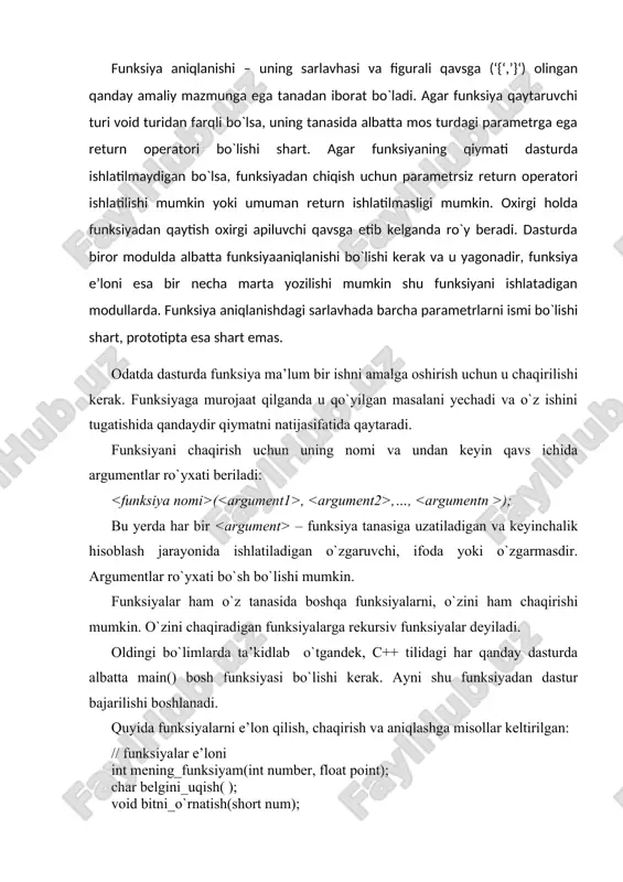 ishdagi sarlavhada barcha parametrlarni ismi bo`lishi shart, prototipta esa shart emas. odatda dasturda funksiya ma’lum bir ishni amalga oshirish uchun u chaqirilishi kerak. funksiyaga murojaat qilganda u qo`yilgan masalani yechadi va o`z ishini tugatishida qandaydir qiymatni natijasifatida qaytaradi. funksiyani chaqirish uchun uning nomi va undan keyin qavs ichida argumentlar ro`yxati beriladi: ( , ,…, ); bu yerda har bir – funksiya tanasiga uzatiladigan va keyinchalik hisoblash jarayonida ishlatiladigan o`zgaruvchi, ifoda yoki o`zgarmasdir. argumentlar ro`yxati bo`sh bo`lishi mumkin. funksiyalar ham o`z tanasida boshqa funksiyalarni, o`zini ham chaqirishi mumkin. o`zini chaqiradigan funksiyalarga rekursiv funksiyalar deyiladi. oldingi bo`limlarda ta’kidlab o`tgandek, c++ tilidagi har qanday dasturda albatta main() bosh funksiyasi bo`lishi kerak. ayni shu funksiyadan dastur bajarilishi boshlanadi. quyida funksiyalarni e’lon qilish, chaqirish va aniqlashga misollar keltirilgan: // funksiyalar e’loni int mening_funksiyam(int number, float point); char belgini_uqish( ); void bitni_o`rnatish(short num); void amal_yoq(int, char); // funksiyalarni chaqirish result = mening_funksiyam(varb1, 3.14); symb = belgini_uqish( …