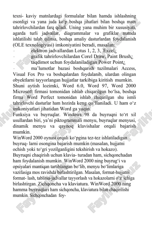 niyatlari jihatidan word ga yaqin. funksiya va buyruqlar. windows 98 da buyruqni to‘rt xil usullardan biri, ya’ni piktogrammali menyu, buyruqlar menyusi, dinamik menyu va qaynoq klavishalar orqali bajarish mumkin. winword 2000 oynasi orqali ko‘pgina tez-tez ishlatiladigan buyruq- larni osongina bajarish mumkin (masalan, hujjatni ochish yoki to‘gri yozilganligini tekshirish va hokazo). buyruqni chaqirish uchun klavia- turadan ham, sichqonchadan ham foydalanish mumkin. winword 2000 ning buyrug‘i va opsiyalari mantiqan tartiblangan bo‘lib, menyu bo‘limlariga vazifasiga mos ravishda birlashtirilgan. masalan, format-hujjatni format- lash, tablitsa-jadvallar tayyorlash va hokazolarni o‘z ichiga birlashtirgan. zichqoncha va klaviatura. winword 2000 ning hamma buyruqlari ham sichqoncha, klaviatura bilan chaqirilishi mumkin. sichqonchadan foy- dalanish dastur bilan ishlashni ancha osonlashtiradi. qoidaga ko‘ra buyruq- ni chaqirish uchun sichqonchaning chap klavishasi ishlatiladi, u orqali belgilash, bajarish va obyektni ko‘chirish kabi buyruqlarni bajarish mumkin. winword 2000 da ishlash jarayonida sichqoncha va kiritish ko‘rsatkichini farqlash zarur. matn kiritish ko‘rsatkichi turgan joydan boshlab kiritiladi, uni esa ko‘rsatkichni …