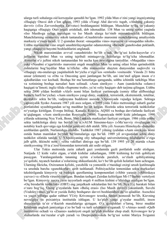 ali amalga oshiriladi. yadhning ba’zilari dunyoning turli burchaklarida o‘z bo‘linmalariga ega bo‘lgan, biznes bilan shug‘ullanuvchi yirik xalqaro korporatsiyalarga aylangan. 136 yadh meditatsiya amaliyotini keng qo‘llaydilar, tashkiliy jihatdan piramida shaklida boshqariladi. ularning aksariyati noqonuniy faoliyat yurituvchi, kriminal tashkilotlardir (masalan, «aum sinrikyo» (yaponiya), «quyosh ehromi» (fransiya va kanada) va b.). diniy ta’limotlarni buzib talqin qiluvchi harakatlarga: - protestantlarning «ikkilamchi» birlashmalari – «yahve shohidlari» («svideteli iegovo»), «oxirgi kun avvliyolari iso masih cherkovi» (mormonlar), «masih cherkovi» (boston harakati); - soxta xristian harakatlar – «mun birlashtirish cherkovi», «vissarion oxirgi ahdi cherkovi», «oq birodarlar»; - saentologik kultlar – «xristian ilmi», «ron xabbard saentologiya markazi», «kloneyd», «oq ekologlar» harakati; - neo- va kvaziorientalistik maktablar va kultlar – «tirik axloq»(agni yoga), «krishnani anglash jamiyati», «transsendental meditatsiya», «aumsinrikyo», «saxadja-yoga» va b.); - yangi majusiy tashkilotlar va kultlar – «runvira» ukrain milliy e’tiqodi cherkovi, rossiya jarangli kedrlari, omsk «qadimgi diniy e’tiqodiga qaytish kulti» va boshqalar kiradi. «sekta»so‘zi, eng umumiy ma’noda, …