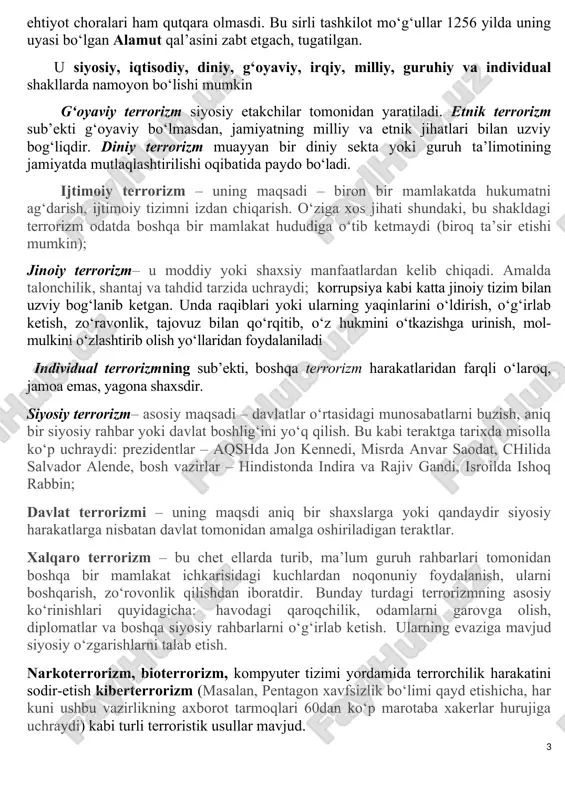 lifa abu bakr siddiq (632-634) vafotlaridan so‘ng halifalik qilgan hazrat umarning o‘limi (634-644) va hazrat usmonning (644-656) o‘ldirilishi bunga misol bo‘ladi. hazrati aliga qarshi chiqqan diniy ekstremistlar, ya’ni12000 kishilik horijiylar “bizning yo‘limizdan bormaganlar kofirdirlar”-dedilar. ular hazrati alini (656-661) namoz o‘qigani kelayotganida orqasidan hanjar urib o‘ldirdilar. j a’far as-s odiqning to‘ng‘ich o‘g‘li ismoil nomi bilan atalgan musulmon shialar firqasi tarafdorlari o‘zlarini ismoiliylar, deb yuritishgan. keyinchalik ismoiliylar firqasi ichidan yana bir uta jangari guruh — hashshoshiylar ajralib chiqdi. o‘z xukmdorlari hasan ibn sabbohning buy rugi bilan har qanday nomaqbul kishini o‘ldirishardi. o‘limga hukm qilingan kish ini ko‘p sonli soqchilar ham, eng qattiq ehtiyot choralari ham qutqara olmasdi. bu sirli tashkilot mo‘g‘ullar 1256 yilda uning uyasi bo‘lgan alamut qal’asini zabt etgach, tugatilgan. u siyosiy, iqtisodiy, diniy, g‘oyaviy, irqiy, milliy, guruhiy va individual shakllarda namoyon bo‘lishi mumkin g‘oyaviy terrorizm siyosiy etakchilar tomonidan yaratiladi. etnik terrorizm sub’ekti g‘oyaviy bo‘lmasdan, jamiyatning milliy va etnik jihatlari bilan …