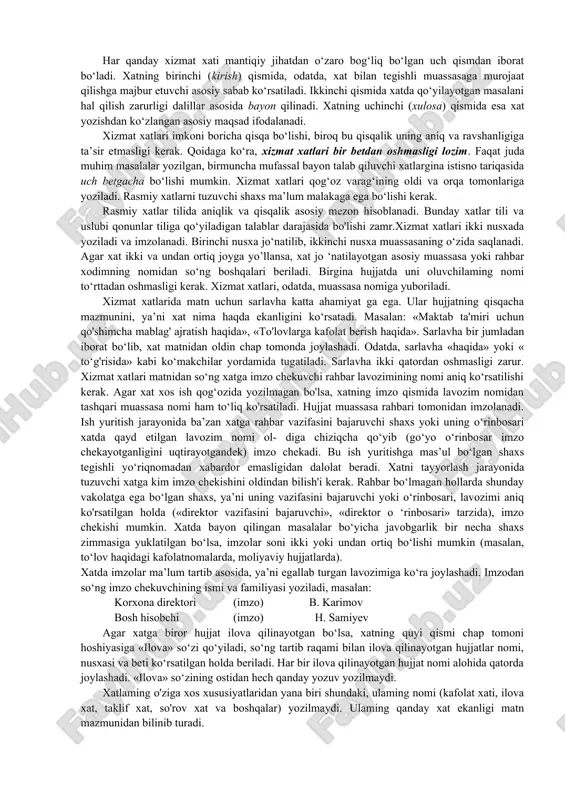 qisqacha mazmunini, ya’ni xat nima haqda ekanligini ko‘rsatadi. masalan: «maktab ta'miri uchun qo'shimcha mablag' ajratish haqida», «to'lovlarga kafolat berish haqida». sarlavha bir jumladan iborat bo‘lib, xat matnidan oldin chap tomonda joylashadi. odatda, sarlavha «haqida» yoki « to‘g'risida» kabi ko‘makchilar yordamida tugatiladi. sarlavha ikki qatordan oshmasligi zarur. xizmat xatlari matnidan so‘ng xatga imzo chekuvchi rahbar lavozimining nomi aniq ko‘rsatilishi kerak. agar xat xos ish qog‘ozida yozilmagan bo'lsa, xatning imzo qismida lavozim nomidan tashqari muassasa nomi ham to‘liq ko'rsatiladi. hujjat muassasa rahbari tomonidan imzolanadi. ish yuritish jarayonida ba’zan xatga rahbar vazifasini bajaruvchi shaxs yoki uning o‘rinbosari xatda qayd etilgan lavozim nomi ol- diga chiziqcha qo‘yib (go‘yo o‘rinbosar imzo chekayotganligini uqtirayotgandek) imzo chekadi. bu ish yuritishga mas’ul bo‘lgan shaxs tegishli yo‘riqnomadan xabardor emasligidan dalolat beradi. xatni tayyorlash jarayonida tuzuvchi xatga kim imzo chekishini oldindan bilish'i kerak. rahbar bo‘lmagan hollarda shunday vakolatga ega bo‘lgan shaxs, ya’ni uning vazifasini bajaruvchi yoki o‘rinbosari, lavozimi aniq ko'rsatilgan …