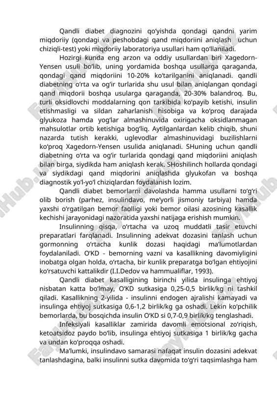 ri-oyoqlarda og‘riq, ko‘z xiralashishining kuchayishi; -rentgenologik tekshirishda o‘pkalarda chegaralangan, kam rivojlangan, yallig‘lanish va yolg‘iz yirik hajmli kovaklar, ilgari bo‘lib o‘tgan sil infeksiyasidan guvohlik beruvchi kalsinatlar, chandiqlar, fibrozli o‘zgarishlar kuzatiladi. qandli diabet diagnozini qo‘yishda qondagi qandni yarim miqdoriiy (qondagi va peshobdagi qand miqdoriini aniqlash uchun chiziqli-test) yoki miqdoriiy laboratoriya usullari ham qo‘llaniladi. hozirgi kunda eng arzon va oddiy usullardan biri xagedorn-yensen usuli bo‘lib, uning yordamida boshqa usullarga qaraganda, qondagi qand miqdoriini 10-20% ko‘tarilganini aniqlanadi. qandli diabetning o‘rta va og‘ir turlarida shu usul bilan aniqlangan qondagi qand miqdorii boshqa usularga qaraganda, 20-30% balandroq. bu, turli oksidlovchi moddalarning qon tarkibida ko‘payib ketishi, insulin etishmasligi va sildan zaharlanish hisobiga va ko‘proq darajada glyukoza hamda yog‘lar almashinuvida oxirigacha oksidlanmagan mahsulotlar ortib ketishiga bog‘liq. aytilganlardan kelib chiqib, shuni nazarda tutish kerakki, uglevodlar almashinuvidagi buzilishlarni ko‘proq xagedorn-yensen usulida aniqlanadi. shuning uchun qandli diabetning o‘rta va og‘ir turlarida qondagi qand miqdoriini aniqlash bilan birga, siydikda ham aniqlash kerak. …