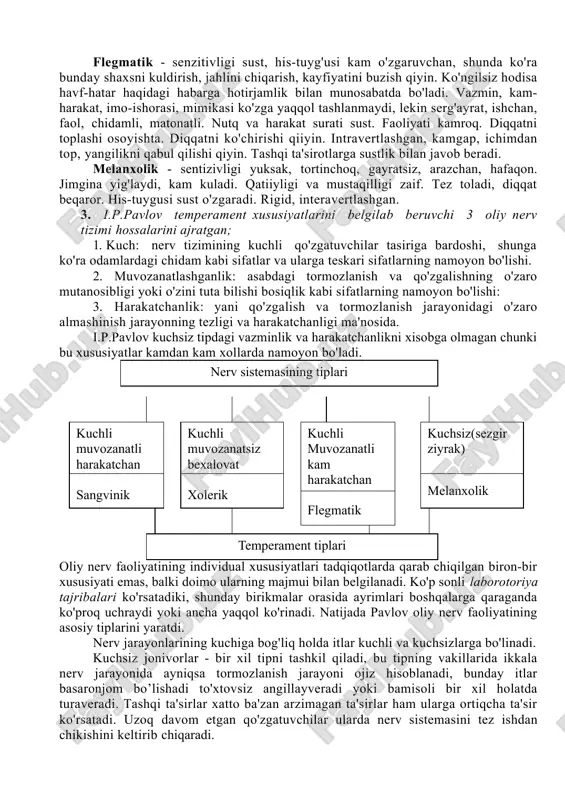 qilishiga qarab munosabat bildiriladi. reaktivning yorqin ro'yobga chiqishi - emotsionallik, ta'sirlanuvchanlikning ifodalanishidir. 3. faollik. inson qanday faollik darajasi bilan tashqi olamga ta'sir ko'rsatishi va maqsadlarini amalga oshirishda obektiv hamda subektiv qarama-qarshiliklarni faollik bilan yengishiga qarab fikr yuritiladi. 4. reaktivlik bilan faollikning o'zaro munosabati. bunda odamning faoliyati ko'p jihatdan nimaga bog'likligiga qarab, masalan, tashqi va ichki sharoitlarga (kayfiyatga, favqulotda holatda) yoki maqsadiarga, ezgu niyatlarga, hohish-intiluvchilarga ko'ra fikr bildirish nazardatutiladi. 5. reaksiya tempi. psixik reaksiyalar va jarayonlarning kechish tezligiga, binobarin harakat tezligiga, nutq suratida, farosatlilikga, aql tezligiga asoslanib xulosa chiqariladi. 6. harakat larning silliqligi va unda qarama-qarshi sifat rigidlik (qotib qolganlik), shaxsning o'zgaruvchan tashqi ta'surotlariga qanchalik yengillik va chaqqon muvofiqlashuviga, shuningdek, uning hatti-harakatlari qanchalik sust va qotib qolganligiga baho berishdan iboratdir. 7. ekstravertlik va intravertlik. shaxsning faoliyati va reaksiyasi ko'p jihatdan nimalarga bog'liqligiga, chunonchi favqulotdagi, tashqi ta'sirotlarga (ekstravertlik) yoki aksincha, timsollarga tassawurlarga, o'tmish hamda kelajak bilan uyg'unlashgan mulohazalarga (intravertlik) taaluqlidir. sangvinik - …