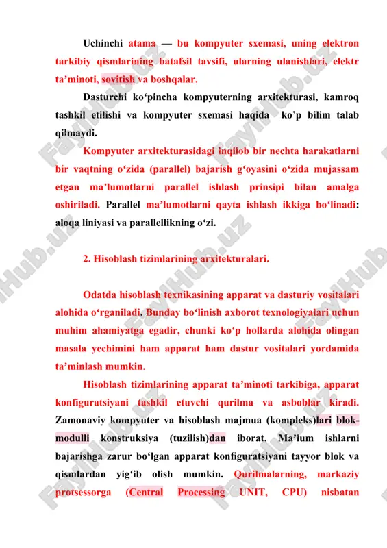 larning, markaziy protsessorga (central processing unit, cpu) nisbatan joylashishiga qarab tashqi va ichki qurilmalarga ajratamiz. tashqi qurilmalar, qoida boʻyicha, maʼlumotlarni kiritish va chiqarish qurilmalaridir, ularni odatda periferik qurilmalar ham deb ataladi. bundan tashqari maʼlumotlarni uzoq saqlashga moʻljallangan qurilmalar ham tashqi qurilmalarga kiradi. alohida blok va qismlar orasidagi kelishuvchanlik, birgalikda ishlashdagi moslanuvchanlik, apparatli interfeys deb ataluvchi oʻtish apparat-mantiqiy qurilmalari yordamida bajariladi. hisoblash texnikasidagi apparat interfeysiga belgilangan standartlar protokollar deyiladi. shunday qilib, protokol — bu qurilma yaratuvchilari tomonidan, bu qurilmaning boshqa qurilmalar bilan muvaffaqiyatli va kelishilgan holda birgalikda ishlashi uchun, ishlab chiqiladigan texnik shartlar majmuasidir. dastur — buyruqlarning tartiblangan ketma-ketligidir.kompyuter uchun tuzilgan har bir dastur vazifasi – apparat vositalarni boshqarishdir. birinchi qarashda dasturning qurilmalar bilan xech qanday bogʻliqligi yoʻqdek koʻrinadi, yaʼni masalan, dastur kiritish qurilmaridan maʼlumot kiritishni va chiqarish qurilmalariga ham maʼlumot chiqarishni talab qilmasa ham, baribir uning ishi kompyuterning apparat qurilmalarini boshqarishga asoslangan. kompyuterda, dasturiy va apparat taʼminot, doimo uzilmas aloqada …