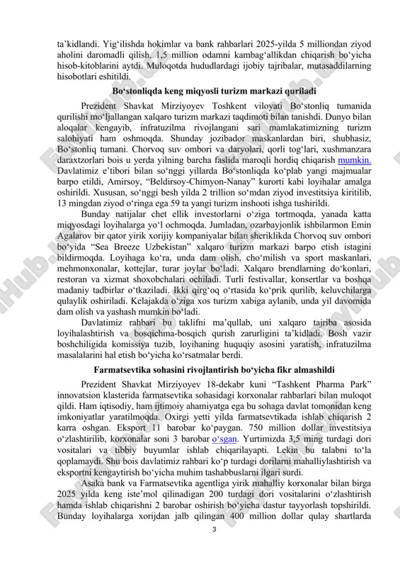 ekin ekmagan aholiga yerini boshqasiga ikkilamchi ijaraga berish haqida majburiy talabnoma kiritiladi. kelasi yil taqsimlanadigan 100 ming gektar yer ham shu tartibda ajratiladi. 60 ta ilg‘or shahar-tuman ishsizlik va kambag‘allikdan xoli bo‘lish imkoniyatiga ega. buning uchun kelgusi yilda ulardagi 2 million aholini band qilib, 417 mingta oilani kambag‘allikdan olib chiqish zarurligi qayd etildi. bu maqsadlarga erishish uchun banklar moliyaviy mustahkam bo‘lishi kerak. shu bois faqat davlat beradigan pulga bog‘lanib qolmasdan, tashqi manbalardan 6 milliard dollar jalb qilish muhimligi ta’kidlandi. shuningdek, kelasi yili aholi omonatlarini 11 milliard dollarga yetkazish vazifasi qo‘yildi. huquqiy asos yaratilgani uchun bu yil 5,5 trillion so‘mlik mikromoliya va faktoring xizmatlari ko‘rsatilgan. bu asosdan foydalanib, endi davlat banklari ham o‘zining mikromoliya va faktoring kompaniyasini ochishi, unga xorijiy investorlarni jalb qilishi mumkin. yig‘ilishda banklar oldidagi muammolar ham tahlil qilinib, hal qilish choralari ko‘rildi. masalan, banklar balansida 3 mingta harakatsiz mulk bor. ular sotilsa, qo‘shimcha resurs va 150 mingta ish …