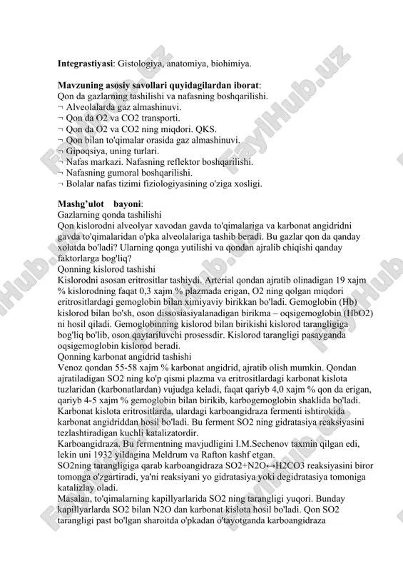 dir. karboangidraza. bu fermentning mavjudligini i.m.sechenov taxmin qilgan edi, lekin uni 1932 yildagina meldrum va rafton kashf etgan. so2ning tarangligiga qarab karboangidraza so2+n2o↔h2co3 reaksiyasini biror tomonga o'zgartiradi, ya'ni reaksiyani yo gidratasiya yoki degidratasiya tomoniga katalizlay oladi. masalan, to'qimalarning kapillyarlarida so2 ning tarangligi yuqori. bunday kapillyarlarda so2 bilan n2o dan karbonat kislota hosil bo'ladi. qon so2 tarangligi past bo'lgan sharoitda o'pkadan o'tayotganda karboangidraza degidratasiya reaksiyasini tezlashtiradi, natijada karbonat angidrid qondan ajralib chiqadi. o'pka kapillyarlarida qondan so2 ajralib chiqishi. alveolyar xavodagi so2 ning parsial bosimi venoz qondagi so2 tarangligiga nisbatan pastroq bo'lgani uchun karbonat angidrid o'pka kapillyarlaridagi qondan alveolyar xavoga diffuziya yo'li bilan o'tadi. qondagi so2 tarangligi pasayadi. shu bilan birga alveolyar xavodagi kislorodning parsial bosimi venoz qondagi o2 tarangligiga nisbatan yuqori bo'lgani uchun kislorod alveolyar xavodan o'pka kapillyarlaridagi qonga o'tadi. qondagi so2 tarangligi ortadi va gemoglobin oqsigemoglobinga aylanadi. oqsigemoglobin gemoglobin va karbonat kislotaga nisbatan ancha ko'p dissosiasiyalangani uchun karbonat kislotani kaliy …