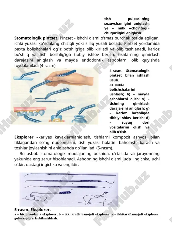 uzunligi va tizzasining bukilganligi bilan ajralib turadi. ba’zi eksplorerlardan kariyes kavaklarini va tish toshlarini aniqlashda foydalaniladi. eksplorerlar maxsus metall qotishmalaridan tayyorlanadi, shuninguchun ular ingichka, egiluvchan va mustahkamdir. eksplorerlarning quyidagi turlari mavjud: 1. bir tomonlamali – ishchi qismi bir tomonlama, kariyesni va tish toshlarini aniqlash uchun. 2. ikki taraflamali nojuft – ishchi qismi ikki xil bo’lgan. 3. ikki taraflama juft – ishchi qismi bir xil bo’lgan; odatda molyarlar orasidagi tish oralig’ini aniqlashda qo’llaniladi. parodontologik zondlar– parodont to’qimasi holatini baholashda qo’llaniladi (6-rasm). ishchi qismi burchak ostida bukilgan, uchi to’mtoq va millimetrli markirovkaga ega. ishchi qismi 60 daraja burchak ostida egilgan bo’lib, to’mtoq uchi yordamida tishning qimirlashini ham aniqlashda qo’llaniladi. ba’zi zondlar qulixusuli bo’yicha rangli kodirovkaga ega. qorachiziqlar bilan harbir millimetr, tasmalar esa 2 yoki 3 millimetrli sohalarni ko’rsatadi. bu kodirovka o’chmaydi va ko’chmaydi. bu zond vrachga tish va milk oralig’idagi chuqurlikni 6 nuqtada aniqlash imkoniyatini beradi. shuningdek zond quyidagi vazifalarni bajarishga yordam …