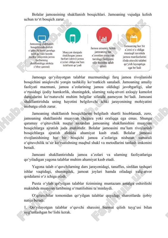 di. jamoa va uni shakllantirish o‘qituvchiik faoliyatining maqsadi hisoblanidi. muhim tarbiyaviy ta’sir kuchiga ega bo‘lgan subyektlarning alohida namuna ko‘rsatishlari jamoani shakllantirishning muhim vositasi bo‘lib, ushbu vosita yordamida jamoaning barcha yoki muayyan a’zosini tarbiyalash ijobiy samaralar beradi. jamoa tomonidan hal etilishi ko‘zda tutilgan yetakchi tarbiyaviy vazifa shaxsni har tomonlama tarbiyalash, unda ijobiy sifatlarni tarbiyalash hamda mustahkam hayotiy pozitsiyani qaror toptirishdan iboratdir. sinf jamoasi tarkibida o‘quvchilar tomonidan amalga oshiriluvchi asosiy faoliyat o‘qish faoliyati sanaladi. aynan sinf jamoasida shaxslararo aloqa va munosabatlar tarkib topadi. shuningdek, sinflar jamoalari negizida maktab jamoasi shakllanadi. maktab jamoasi ikki muhim bo‘g‘in - o‘qituvchilar jamoasi hamda o‘quvchilar jamoasi asosida tarkib topadi. o‘quv yurtlari jamoasi tarkibida o‘quvchilar jamoasi asosiy qismni tashkil etadi. o‘quvchilar jamoasi - bu ijtimoiy ahvoli shuningdek, umumiy saylov organlari oldidagi umumiy javobgarlik, barcha a’zolarning huquq va burchlari tengligi asosidagi o‘zaro birlikka ega o‘quvchilar guruhidir. bolalar jamoasining shakllanish bosqichlari. jamoaning vujudga kelish uchun to‘rt bosqich zarur. jamoaga qo‘yilayotgan …