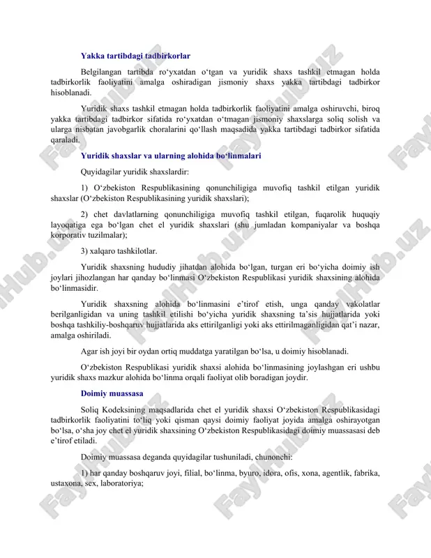 ujjatlarni (yoki ularning ko‘chirma nusxalarini) taqdim etadi: 1) shaxsni tasdiqlovchi hujjat; 2) belgilangan tartibda rasmiylashtirilgan o‘zbekiston respublikasida vaqtincha yashash uchun ruxsatnoma; 3) haqiqatda bo‘lib turgan joyini tasdiqlovchi hujjatlar. agar ushbu moddaning qoidalariga yoki o‘zbekiston respublikasining soliq solish masalalari bo‘yicha xalqaro shartnomalariga muvofiq, bir vaqtning o‘zida jismoniy shaxsni ham o‘zbekiston respublikasining soliq rezidenti, ham chet davlatning soliq rezidenti deb tan olish uchun asoslar bo‘lsa, uning soliq rezidentligi shunday xalqaro shartnomaning qoidalariga muvofiq jismoniy shaxs hayotiy manfaatlarining markazi asosida belgilanadi. bunda quyidagi shartlardan hech bo‘lmaganda bittasi bajarilgan taqdirda, jismoniy shaxs hayotiy manfaatlarining markazi o‘zbekiston respublikasida deb e’tirof etiladi: 1) jismoniy shaxsning eri (xotini) va (yoki) yaqin qarindoshlari o‘zbekiston respublikasida yashasa; 2) o‘zbekiston respublikasida jismoniy shaxsga va (yoki) uning eriga (xotiniga) va (yoki) uning yaqin qarindoshlariga mulk huquqida yoki boshqa asoslarda tegishli bo‘lgan, istalgan vaqtda uning yashashi va (yoki) eri (xotini) va (yoki) uning yaqin qarindoshlari yashashi mumkin bo‘lgan ko‘chmas mulkning mavjudligi. agar …