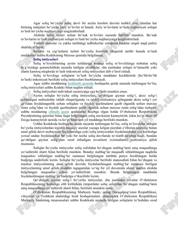 dik shaxslar qo‘shib olinadigan yuridik shaxslarga nisbatan qo‘llanilmaydi. agar faoliyati o‘zbekiston respublikasida doimiy muassasa tuzishga olib kelmagan chet el yuridik shaxsi o‘zini mustaqil ravishda o‘zbekiston respublikasining soliq rezidenti deb e’tirof etsa, uning uchun foyda solig‘i bo‘yicha birinchi soliq davrini aniqlash quyidagi tartibda amalga oshiriladi: 1) agar ushbu chet el yuridik shaxsi o‘zini o‘zbekiston respublikasining soliq rezidenti deb e’tirof etish to‘g‘risidagi arizani taqdim etgan kalendar yilning 1-yanvaridan e’tiboran o‘zini o‘zbekiston respublikasining soliq rezidenti deb e’tirof etsa, mazkur ariza taqdim etilgan kalendar yil uning uchun birinchi soliq davri hisoblanadi; 2) agar ushbu chet el yuridik shaxsi tegishli ariza taqdim etilgan sanadan e’tiboran o‘zini o‘zbekiston respublikasining soliq rezidenti deb e’tirof etsa, ko‘rsatilgan ariza soliq organiga taqdim etilgan sanadan e’tiboran ushbu ariza taqdim etilgan kalendar yilning oxirigacha bo‘lgan davr uning uchun birinchi soliq davri hisoblanadi. bunda, agar chet el yuridik shaxsining o‘zini o‘zbekiston respublikasining soliq rezidenti deb e’tirof etish to‘g‘risidagi arizasi 1-dekabrdan 31-dekabrga qadar …