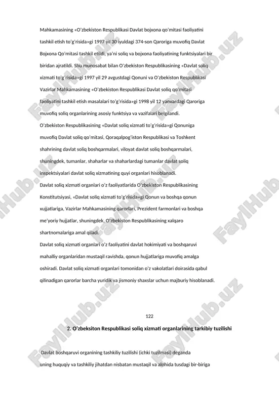 ish to’g’risida»gi 1997 yil 30 iyuldagi 374-son qaroriga muvofiq davlat bojxona qo’mitasi tashkil etildi, ya’ni soliq va bojxona faoliyatining funktsiyalari bir biridan ajratildi. shu munosabat bilan o’zbekiston respublikasining «davlat soliq xizmati to’g’risida»gi 1997 yil 29 avgustdagi qonuni va o’zbekiston respublikasi vazirlar mahkamasining «o’zbekiston respublikasi davlat soliq qo’mitasi faoliyatini tashkil etish masalalari to’g’risida»gi 1998 yil 12 yanvardagi qaroriga muvofiq soliq organlarining asosiy funktsiya va vazifalari belgilandi. o’zbekiston respublikasining «davlat soliq xizmati to’g’risida»gi qonuniga muvofiq davlat soliq qo’mitasi, qoraqalpog’iston respublikasi va toshkent shahrining davlat soliq boshqarmalari, viloyat davlat soliq boshqarmalari, shuningdek, tumanlar, shaharlar va shaharlardagi tumanlar davlat soliq inspektsiyalari davlat soliq xizmatining quyi organlari hisoblanadi. davlat soliq xizmati organlari o’z faoliyatlarida o’zbekiston respublikasining konstitutsiyasi, «davlat soliq xizmati to’g’risida»gi qonun va boshqa qonun xujjatlariga, vazirlar mahkamasining qarorlari, prezident farmonlari va boshqa me’yoriy hujjatlar, shuningdek, o’zbekiston respublikasining xalqaro shartnomalariga amal qiladi. davlat soliq xizmati organlari o’z faoliyatini davlat hokimiyati va boshqaruvi mahalliy organlaridan mustaqil …