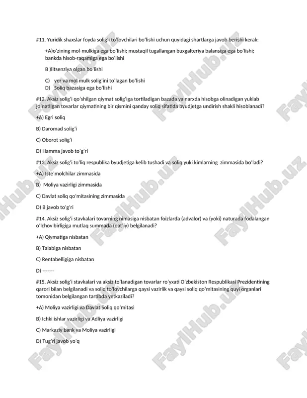 ga qaysi vazirlik va qaysi soliq qo‘mitasining quyi organlari tomonidan belgilangan tartibda yetkaziladi? +a) moliya vazirligi va davlat soliq qoʻmitasi b) ichki ishlar vazirligi va adliya vazirligi c) markaziy bank va moliya vazirligi d) tugʻri javob yoʻq #16. aksiz markalarini bosish uchun buyurtmanomani «davlat belgisi» davlat ishlab-chiqarish birlashmasi (dichb)ga joylashtirishni o‘zbekiston respublikasi qaysi soliq qo‘mitasi amalga oshiradi? +a) davlat soliq b) ichki ishlar c) moliya vazirligi d) hamma javob toʻgʻri #17. 4 raqam belgisi aksiz markalarida qaysi mahsulotni bildiradi? +a) tamaki b) alkagol c) musodara qilingan aksiz tavarvar d) toʻgʻri javob yoʻq #18. soliq bazasi ? +a) soliq obyektining soliq stavkasi qoʻllanadigan miqdori b) soliq qoʻmitasi c) soliq oluvchi korxona d) soliq binosi #19. soliqqa tortish birligi? +a) bu obyektning oʻlchov birligi b) valyuta c) pul d) soliq miqdori) #20. soliq manbayi? +a) soliq toʻlovchining soliqlar manbayi, daromadi b) soliq toʻlovchi c) soliq turi d) soliq jamgʻarmasi #21. soliq bazasi? …