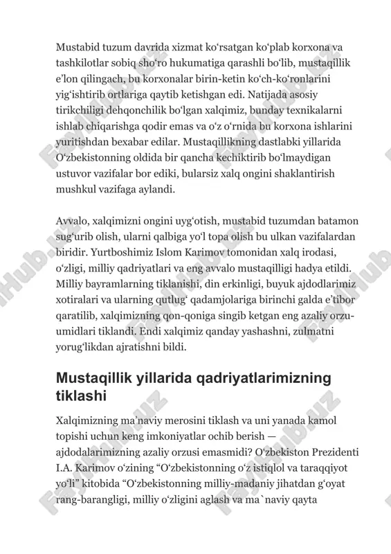 damjolariga birinchi galda e’tibor qaratilib, xalqimizning qon-qoniga singib ketgan eng azaliy orzu- umidlari tiklandi. endi xalqimiz qanday yashashni, zulmatni yorug‘likdan ajratishni bildi. mustaqillik yillarida qadriyatlarimizning tiklashi xalqimizning ma’naviy merosini tiklash va uni yanada kamol topishi uchun keng imkoniyatlar ochib berish — ajdodalarimizning azaliy orzusi emasmidi? o‘zbekiston prezidenti i.a. karimov o‘zining “o‘zbekistonning o‘z istiqlol va taraqqiyot yo‘li” kitobida “o‘zbekistonning milliy-madaniy jihatdan g‘oyat rang-barangligi, milliy o‘zligini aglash va ma`naviy qayta tiklanishning kuchayib borishi bilan uzviy birlikda jamiyatni yanglilash, uni ochiq jamiyatga aylantirish uchun qudratli omil bo‘lib hizmat qiladi va respublikaning jahon hamjamiyatiga qo‘shilishi uchun qulay sharoitlarni vujudga keltirada”, deb ta’kidlagan edi. (karimov i.a. o‘zbekistonning o‘z istiqlol va taraqqqiyot yo‘li. t, 1992y, 13 bet) mustaqillik yillarida ma`naviy poklanish haqida gap ketganda o‘zbek tiliga davlat tili maqomi berilishining ahamiyati kattadir. 1989-yil 21-oktyabrda qabul qilingan o‘zbekiston respublikasining “davlat tili haqida”gi qonun milliy ongning rivojlanishida, mamlakat mustaqilligining mustahkamlanishida, madaniy merosning tiklanishi va jamiyatning ma’naviy yangilanishida muhim …