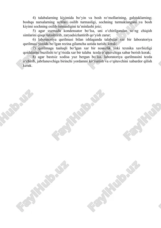 ha ustida turishi kerak; 7) qurilmaga taaluqli bo‘lgan xar bir nosozlik yoki texnika xavfsizligi qoidalarini buzilishi to‘gʻrisida xar bir talaba tezda o‘qituvchiga xabar berish kerak; 8) agar baxtsiz xodisa yuz bergan bo‘lsa, laboratoriya qurilmasini tezda o‘chirib, jabrlanuvchiga birinchi yordamni ko‘rsatish va o‘qituvchini xabardor qilish kerak. kirish «stantsiya va podstantsiyalarning elektr qismi» fani boʻyicha laboratoriya mashgʻulotlari ma’ruzalarda olingan nazariy bilimlarni mustahkamlashda hamda axborot oʻlchash texnikasi boʻyicha tajribalarni oʻtkazishga malaka hosil qilishda katta ahamiyatga ega. talabalar laboratoriya mashgʻulotlarida oʻlchash tajribasini qoʻllash, asbob-uskunalarni tanlash, oʻlchash natijalarini chiqarish va xulosalar qilishni oʻrganadilar. natijada talabalar mustaqil ravishda tajriba oʻtkazish koʻnikmasiga ega boʻlishlari koʻzda tutiladi. laboratoriya mashgʻulotlarini bajarish uchun talabalar xavfsizlik texnikasi qoidalari boʻyicha yoʻriqnomadan oʻtib, ushbu uslubiy qoʻllanmadagi tegishli laboratoriya ishlari boʻyicha nazariy jihatdan tayyorlanib, koʻrsatilgan sinov savollari boʻyicha mukammal bilimga ega boʻlishlari va laboratoriya ishini oʻtkazish tartiblarini oʻrganib chiqishlari kerak. talaba tajribani oʻtkazishga ruxsat olgandan soʻng ish sxemasini yigʻib oʻqituvchiga koʻrsatadi va uning ruxsati …
