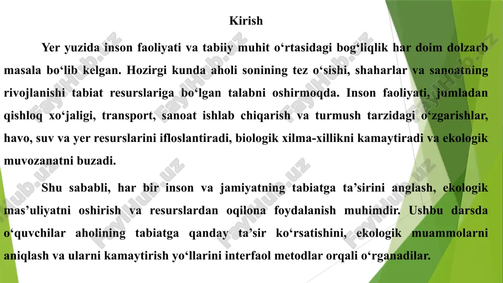 sifatida paydo bo‘ladi. shu sababli, aholi va uning harakatlarini ekologik nazorat qilish va resurslardan oqilona foydalanish muhim ahamiyatga ega. tabiatni asrash va ekologik muammolarni kamaytirish uchun inson faoliyati bilan bog‘liq yechimlar ishlab chiqilishi zarur. ular orasida chiqindilarni qayta ishlash, energiya va suv resurslarini tejash, yashil hududlar yaratish, ekologik tarbiya va ongni oshirish kabi choralar mavjud. bu yechimlar jamiyat tomonidan qo‘llab-quvvatlanishi bilan tabiat va aholi o‘rtasidagi muvozanat saqlanishi mumkin. shuningdek, aholi faoliyati va tabiat o‘rtasidagi bog‘liqlikni o‘quvchilar interfaol metodlar orqali o‘rganishi samarali bo‘ladi. guruh ishlari, muhokamalar va rol o‘yinlari yordamida o‘quvchilar ekologik muammolarni aniqlash, ularni hal qilish bo‘yicha yechimlar ishlab chiqish va atrof-muhitni asrashga mas’uliyatni anglash imkoniga ega bo‘ladi. shu tariqa, ular nafaqat bilim, balki ekologik mas’uliyat va guruhda ishlash ko‘nikmalarini ham rivojlantiradi. xulosa yer yuzi aholisi soni va ularning faoliyati tabiatga sezilarli ta’sir qiladi. inson faoliyati natijasida havo, suv va yer resurslari ifloslanadi, biologik xilma-xillik kamayadi, shaharlar va qishloq hududlarida …