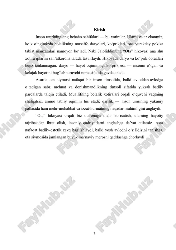 . obraz va ramzlarni tushuntirib boradi. 10 daqiqa 4. metod bosqichi tushunchalar piramidasi asosida: umumiy tushuncha → asosiy mazmun → voqealar → g‘oya va xulosa yozadi. o‘quvchilarni guruhlarga bo‘lib, piramida asosida reja tuzishga yo‘naltiradi, misollar orqali ko‘rsatma beradi. 12 daqiqa 5. mustahkamlash guruhlar o‘z piramidalarini taqdim etadi, fikr bildiradi, savollarga javob beradi. guruh taqdimotlarini tinglaydi, umumlashtiradi, savol-javob o‘tkazadi. 8 daqiqa 6. yakuniy bosqich o‘z xulosalarini aytadi: ota siymosi, xotira, vaqt haqida fikr yuritadi. xulosa qiladi, o‘quvchilarni faoliyatini baholaydi, uyga vazifa beradi: hikoyadan sevimli parcha tahlili. 7 daqiqa metodning mohiyati “tushunchalar piramidasi” metodi – bu o‘quvchilarni mavzuni bosqichma-bosqich umumiy tushunchadan aniq xulosaga olib kelishga yo‘naltiruvchi interfaol usuldir. uning mohiyati shundan iboratki, o‘quvchilar: 1. avval keng, umumiy tushuncha bilan tanishadilar (masalan, hayot, vaqt, ota). 2. keyin uni kichikroq mazmuniy yo‘nalishlarga ajratadilar (masalan, xotira, ko‘prik, daryo, mehnat). 3. so‘ng hikoya voqealari asosida asosiy obraz va g‘oyalarni ajratadilar. 4. oxirida esa mavzudan umumiy xulosa …