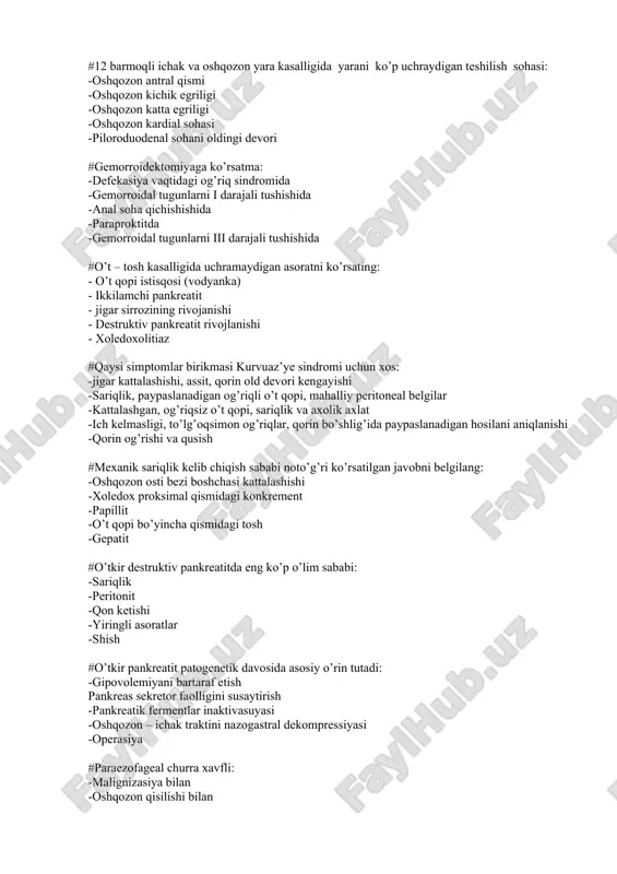 ri kengayishi -sariqlik, paypaslanadigan og’riqli o’t qopi, mahalliy peritoneal belgilar -kattalashgan, og’riqsiz o’t qopi, sariqlik va axolik axlat -ich kelmasligi, to’lg’oqsimon og’riqlar, qorin bo’shlig’ida paypaslanadigan hosilani aniqlanishi -qorin og’rishi va qusish #mexanik sariqlik kelib chiqish sababi noto’g’ri ko’rsatilgan javobni belgilang: -oshqozon osti bezi boshchasi kattalashishi -xoledox proksimal qismidagi konkrement -papillit -o’t qopi bo’yincha qismidagi tosh -gepatit #o’tkir destruktiv pankreatitda eng ko’p o’lim sababi: -sariqlik -peritonit -qon ketishi -yiringli asoratlar -shish #o’tkir pankreatit patogenetik davosida asosiy o’rin tutadi: -gipovolemiyani bartaraf etish pankreas sekretor faolligini susaytirish -pankreatik fermentlar inaktivasuyasi -oshqozon – ichak traktini nazogastral dekompressiyasi -operasiya #paraezofageal churra xavfli: -malignizasiya bilan -oshqozon qisilishi bilan -prekardial og’riqlar bilan -gipersalivaisya bilan -koprostaz bilan #mekkel divertikuli quyidagilardan qaysi birini anatomik elementi hisoblanadi: -och ichak -o’t yo’llarini bor’tgan joyi hisoblanadi -ko’pincha appendektomiyadan so’ng kelib chiqadi -yo’g’on ichak -yonbosh ichak #katta qon aylanish doirasidagi arteriyalar emboliyasi eng ko’p uchraydigan sababi: -aorta yeyi aterosklerozi -aorta anevrizmasi -arterio-venoz okma …