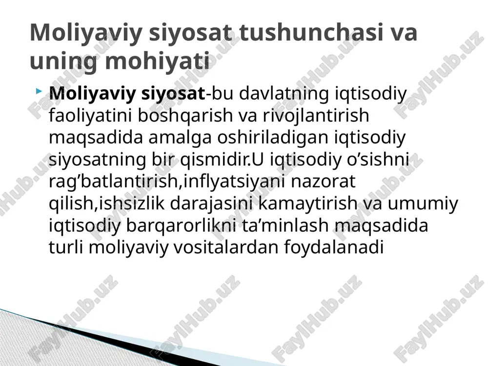 oshirganda,kreditlar qimmatlashadi va investitsiyalar kamayadi.bu esa talabni pasaytiradi va inflyatsiyani kamaytiradi. past foiz stavkalari: agar inflyatsiya past bo‘lsa, markaziy bank foiz stavkalarini pasaytirishi mumkin, bu esa iqtisodiy faollikni oshiradi va investitsiyalarni rag'batlantiradi. inflyatsiya va ishsizlikka moliyaviy siyosat quyidagicha ta’sir qiladi ishsizlik — bu ishga muhtoj bo‘lgan, lekin ish topa olmaydigan odamlar sonini ifodalaydi. ishsizlik darajasini kamaytirish uchun moliyaviy siyosat quyidagi vositalardan foydalanadi davlat xarajatlarini oshirish kredit siyosati davlat xarajatlarini oshirish, masalan, infratuzilma loyihalariga investitsiya kiritish, yangi ish o‘rinlarini yaratadi. ishsizlik va moliyaviy siyosat byudjet taqchilligi — bu davlatning byudjeti xarajatlarining daromadlaridan oshib ketishini ifodalaydi. boshqacha aytganda, agar davlat xarajatlari daromadlardan ko‘p bo‘lsa, unda byudjet taqchilligi yuzaga keladi. davlat qarzi — bu davlatning o‘zining qarzlarini to‘lash uchun kelajakda bajarishi kerak bo‘lgan majburiyatlar yig‘indisini ifodalaydi. byudjet taqchilligi va davlat qarzi byudjet taqchilligining sabablari yuqori xarajatlar: davlatning ijtimoiy dasturlar, infratuzilma, mudofaa va boshqa sohalardagi xarajatlari oshishi. daromadlarning pasayishi: soliqlar, bojxona yig‘imlari va boshqa …