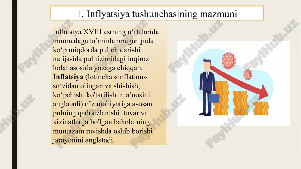 mkin. pulning qiymati barqarorligidagi o`zgarish sezilmasligi mumkin. sudraluvchi inflyatsiya bunda yillik inflyatsiya suratlari 10% dan 100 % gacha bo`ladi. mamlakatda narx-navo tezroq o’sa boshlaydi, iqtisodiy o’sish suratlari pasayadi, ishsizlik ko’paya boradi. bunday inflyatsiya rivojlanayotgan mamlakatlarga xosdir. shiddatli inflyatsiya giperinflyatsiya bu haddan tashqari kuchaygan inflyatsiya bo`lib, uning yillik o`sish suratlari 100 % dan ko`p bo`lib, ayrim holatlarda 1000 % dan ham ortadi. narx-navo shiddat bilan o`sadi, pul qadri g`oyat tez pasayadi, pul topishga intilish eng past darajaga keladi. geperinflyatsiya sharoitida korxonalar va aholi nima qilib bo`lsa xam, chet el valyutasini yig`ishga xarakat qilishadi. narx-navoni umuman tartibga solib bo`lmay qoladi, narxlar oyiga 50 % dan o’sadi. pul muomalasi izdan chiqadi. 4. inflyatsiya va ishsizlik iqtisodiyot o‘z rivojlanishida potensial darajaga yaqinlashgan shariotda yoki bandlilik darajasini oshirish yoxud inflyasiya darajasini pasaytirish kabi muqobil variantlardan birini tanlashga majbur bo‘linadi. chunki qisqa muddatli davrda ishsizlik va inflyasiya darajalari o‘rtasida teskari bog‘liqlik mavjud. bozor iqtisodiyoti nazariyasida ishsizlik …