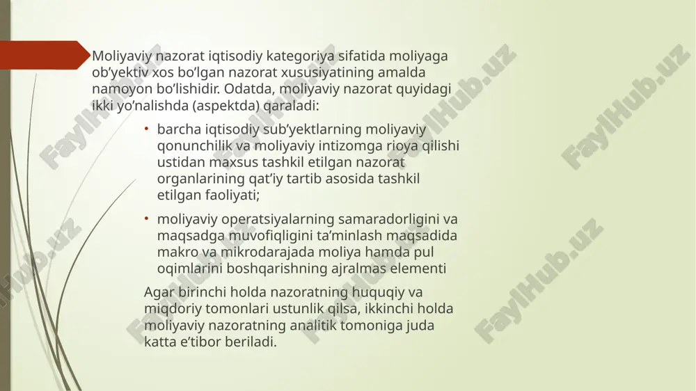 va nodavlat sohalari (ko’rinishlari, turlari) nazoratni amalga oshirish metodlarining o’xshashligiga qaramasdan, o’zlarining pirovard maqsadlari bo’yicha bir-biridan tubdan farq ham qiladi. davlat moliyaviy nazoratining bosh maqsadi davlat xazinasiga resurslarni tushurishni maksimallashtirish va davlat boshqaruv xarajatlarini minimallashtirish bo’lsa, bunga qarama-qarshi ravishda nodavlat moliyaviy nazoratning (ayniqsa, firma ichidagi moliyaviy nazoratning) bosh maqsadi joylashtirilgan kapitaldagi foyda normasini oshirish maqsadida davlat foydasidagi ajratmalar va boshqa xarajatlarni minimallashtirishdan iborat. bir vaqtning o’zida moliyaviy nazoratning har ikki sohasi amaldagi qonunlarning huquqiy ramkasi bilan cheklab qo’yilgan. e’tiboringiz uchun rahmat! image1.jpeg image2.jpeg