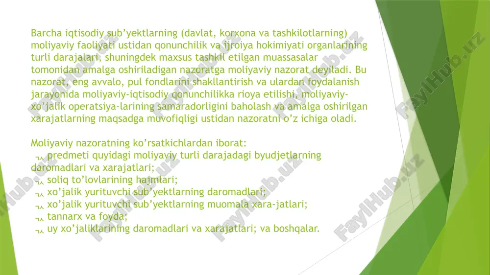 xususan buxgalteriya, moliya bo’limlari, ichki audit xizmatlari tomonidan amalga oshiriladi. jamoatchilik moliyaviy nazorati ixtiyoriylik va beg’arazlik asosida guruhlar, alohida shaxslar (mutaxassislar) va nodavlat tashkilotlari tomonidani amalga oshiriladi. mustaqil moliyaviy nazorat maxsus organlar: auditorlik firmalari va boshqa xizmatlar tomonidan o’tkaziladi. auditorlik faoliyatining asosiy maqsadi tekshirilayotgan sub’yektning moliyaviy hisobotining 40 2018 yil 12 apreldagi o‘zbekiston respublikasining o‘rq—474 qonuni ishonchliligi buyicha xulosa berish hamda moliyaviy bozorga ishonchli axbarot berishni ta’minlashan iborat. o‘zbekiston respublikasi konstitutsiyasida mustahkamlangan hokimiyatni taqsimlanish printsipi prezident va vakolatli hukumat organlari tomonidan ijro hokimiyati organlarining moliyaviy faoliyatini nazorat qilishni nazarda tutadi. bunday nazorat, avvalambor, respublika va mahalliy byudjetlarni, davlat maqsadli nobyudjet fondlarining loyihalarini ko’rib chiqish va qabul qilishda hamda ularning ijrosi haqida hisobotlarni tasdiqlashda amalga oshiriladi. o‘zbekiston respublikasi konstitutsiyasi 78-moddasining 8- bandiga muvofiq o‘zbekiston respublikasi oliy majlisi vazirlar mahkamasining taqdimoti bo’yicha mamlakat byudjetini qabul qiladi va uning ijrosi ustidan nazorat o’rnatadi. parlament nazorati sohasidagi milliy tajriba, ushbu masalada huquqshunos-olim va ekpertlarning …