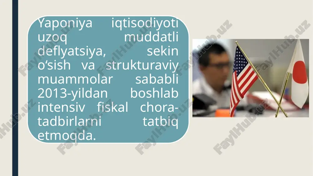 20 oralig‘ida). ijtimoiy ehtiyojlarni moliyalashtirishda muhim o‘rin tutgan. qqs (qoshilgan qiymat solig‘i) stavkasining o‘zgarishi yil korxona solig‘i (%) o‘zgarish sababi natijalar 2012 38% (eng yuqori daraja) raqobatbardoshlik pastligi kompaniyalar chetga chiqmoqda 2015 35% → 32% investitsiyani rag‘batlantirish ichki investitsiya o‘sdi 2016 32% → 29.7% xalqaro me’yorga yaqinlashtirish yirik eksportchilar foyda ko‘rdi 2020 29.7% → 23.2% (yangi korxonalar uchun) startap va innovatsiyalarni qo‘llab-quvvatlash texnologik startaplar soni ortdi 🔍 imtiyozlar: yangi texnologiyalar, yashil energiya va raqamli texnologiyalar sohasidagi kompaniyalar uchun soliq chegirmalari (15–30%) joriy qilingan. r&d (tadqiqot va ishlanmalar) xarajatlarining 10–20% gacha qismi soliqdan ozod qilingan. korxona solig‘i va investitsiya imtiyozlari yil o‘zgarish ta’siri 2013–2018 past daromadli qatlam uchun soliq yengilliklari (chegirma yoki 0%) ichki iste’molni qo‘llab-quvvatlash 2021 bolali oilalarga soliq yengilliklari tug‘ilish darajasini oshirishga xizmat qiladi 2022 ish haqi 6 million yen dan past bo‘lganlar uchun maxsus chegirmalar ijtimoiy tenglikni kuchaytirish 👨‍👩‍👧 ijtimoiy oqibatlar: kam daromadli qatlamlar iste’molni saqlab qolgan. soliqdan …