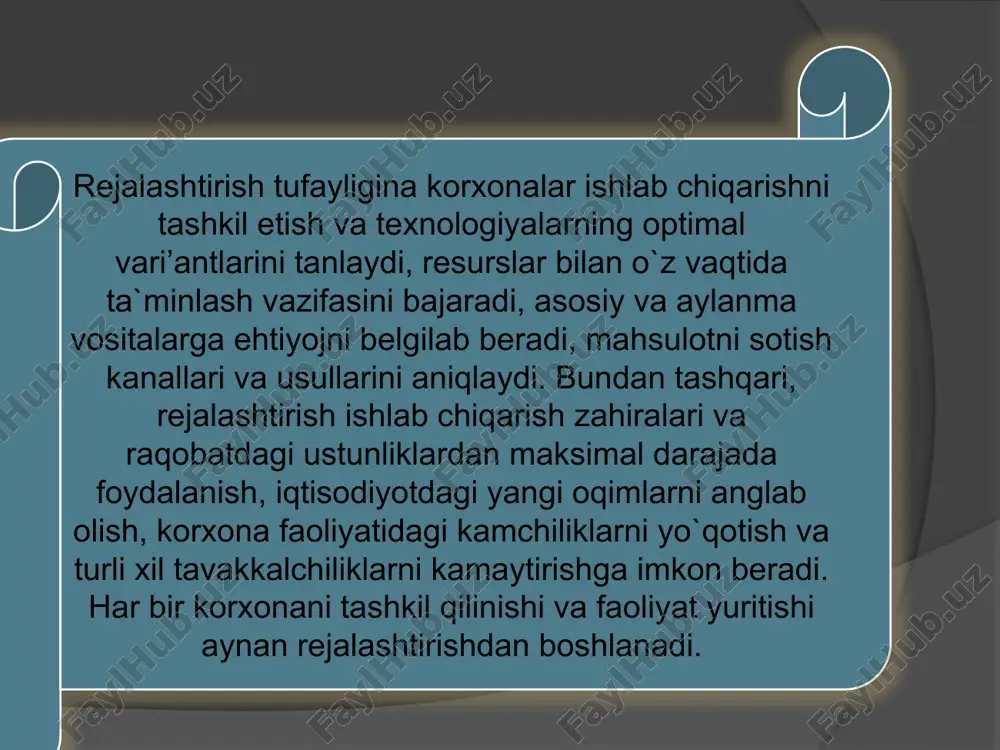 h korxona faoliyatining barcha (iqtiso- diy, texnik, ijtimoiy va hokazo) jihatlarini qamrab oluvchi rejalashti- rish turi bo`lib, asosan bir yilga mo`ljallangan iqtisodiy va ijtimoiy ri- vojlanish rejasi shaklida amalga oshiriladi. mazkur rejalashtirish turi- ning soddalashtirilgan ko`rinishi ko`pincha korxona faoliyatining yil- lik rejasi deb ataladi. tezkor-ishlab chiqarish rejalashtirish texnik-iqtisodiy rejalash- tirishning davomi bo`lib, korxona faoliyati yillik rejasini yanada qisqaroq muddatga – sutka, o`n kunlik, oyga bo`lib muayyan- lashtirish bilan tavsiflanadi. tezkor-ishlab chiqarish rejalashti- rish – kalendar rejalashtirish va dispetcherlashdan iborat bo`- ladi. kalendar rejalashtirishda korxona yillik rejasida va birinchi o`rinda ishlab chiqarish dasturi(mahsulot tayyorlash rejasi)ni o`n kunlik, hafta, kun va smena bo`yi­cha aniqlashtirish hamda bu ko`rsatkichlarni bajaruvchilarga etkazish ko`zda tutilgan. 10 qisqa muddatli rejalashtirishda korxona faoliyati va rivojlanishi 1-3 yilga mo`ljallab rejalashtiriladi. uning o`ziga xosligi shundaki, birinchi yil ko`rsatkichlari har chorakda, ikkinchi va uchinchi yil ko`rsatkichlari esa har yarim yil yoki bir yilda aniqlashtiriladi va to`g`rilashlar kiritilib boriladi. buning maqsadi sifatida …