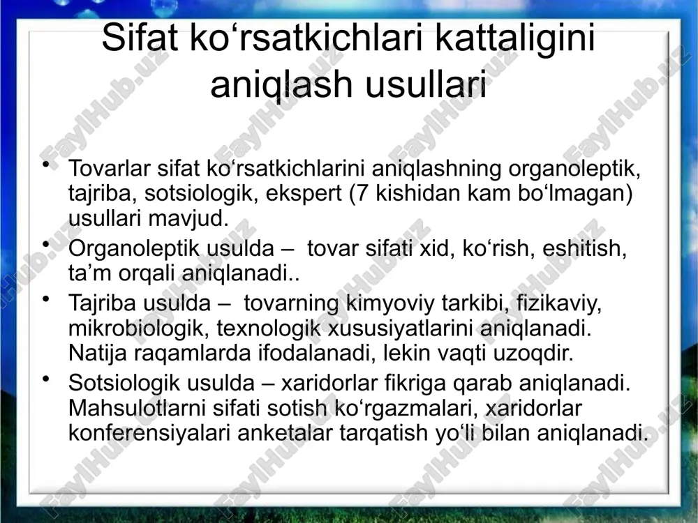 rish jarayonining oxirida tayyor mahsulotni ntx talablariga yoppasiga ba’zi ko‘rsatgichlar bo‘yicha texnik nazorat bo‘limi (tnb) tomonidan tekshirish. natijalar tovarlarga qo‘shib jo‘natiladigan xujjatlarda belgi qo‘yiladi. sanoat korxonasida sifatni barqarorligini ta’minlash uchun davriy tekshiruv o‘tkazilib turiladi. bir andozadagi (namunali) sinovlar. har 2-3 yilda o‘tkaziladigan sinovlari (mustahkamligini sinash uchun); remontga yaroqliligini 5 yilda bir marta sinaladi.. tovarlar 3 ta belgi bo‘yicha (sifat, miqdor, alternativ) turli sifat guruhlarga bo‘linadi. tovarni sifat belgisi bo‘yicha navlarga ajratilib qabul qilinadi. deraza oynalar oliy toifa 1 va 2 navlarga, modelli poyafzallar 2 navlarga bo‘linadi. nuqsonlar namoyon bo‘lishiga qarab yaqqol ko‘rinib turadigan va pinxona (yashirin) turlarga bo‘linadi. yana nuqsonlar katta-kichikligi bo‘yicha jiddiy, yirik va ahamiyatsiz turlarga ajratiladi. nuqsonlar kelib chiqish bo‘yicha hom-ashyo, konstruksiya, texnologiya va pardozlash nuqsonlariga bo‘linadi. tovarlarni miqdor belgisi bo‘yicha qabul qilish. tovarni sifat ko‘rsatgichlarini miqdordan aniqlab normativ-texnik xujjatlar talabiga solishtirish ko‘zda tutilgan. sement sifati uni siqishga chidamligiga (markasiga) qarab aniqlanadi. buni uchun sementdan kubiklar yasaladi, presslangan …