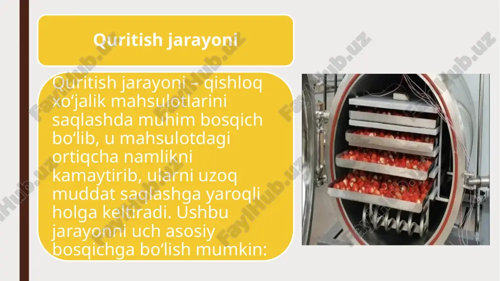anjaralari yordamida nam materialning yo'nalishi bo'yicha yoki unga qarshi harakatlanadi. trolleybuslar mexanik shkivlar yordamida boshqariladi. tunnelning balandligi 2,0-2,5 m, uzunligi esa 25-60 m ga etadi. tunnelli quritgichlarda quritish vositasi qisman qayta aylanadi. bunday qurilmalar katta o'lchamli granüler materiallarni (masalan, keramika mahsulotlari) quritish uchun ishlatiladi. kamchiliklari: quritish tezligi past, jarayon uzoq davom etadi, quritish bir xil emas, qo'lda harakat ishlatiladi. e’tiboringiz uchun rahmat image1.jpeg image2.png image3.png image4.png image5.png /docprops/thumbnail.jpeg