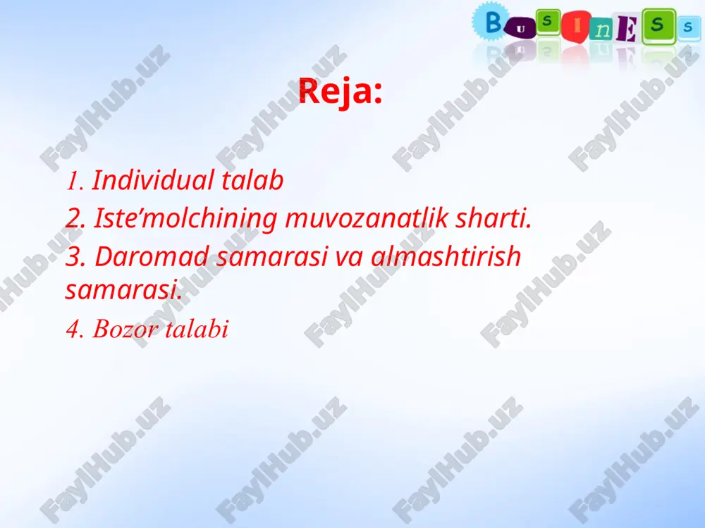 ilarning individual talablari chiziqlari to‘g‘ri chiziqlardan iborat bo‘lgani bilan bozor talab chizig‘i ham to‘g‘ri chiziqdan iborat bo‘lishi shart emas. nima uchun deganda, yuqori narxlarda ba’zi bir iste’molchilar tovarni sotib olmasligi ham mumkin yoki ular har xil miqdorda sotib olishi mumkin. yana shuni ta’kidlash lozimki, iste’molchilar talablariga ta’sir qiluvchi barcha omillar bozor talabiga ham ta’sir qiladi. masalan, iste’molchilar sonining oshib borishi bozor talab chizig‘ini o‘ngga, tepaga siljitadi yoki bo‘lmasa, iste’molchilar daromadlarini ortishi, ularning oziq-ovqatga bo‘lgan talabini oshiradi. bu o‘z navbatida bozor talab chizig‘ini o‘ngga-tepaga siljishiga olib keladi. bozor sharoitida daromad samarasi va almashtirish samarasini ajratilishi, tovarlarga narx belgilashdagi qonuniyatlarni yaxshiroq tushunishga yordam beradi. biz daromad va almashtirish samaralarini normal tovarlar uchun ko‘rib chiqdik. past kategoriyali tovarlar uchun daromad va almashtirish samaralari o‘z xususiyatlariga ega. adabiyotlar ro'yhati: e.egamberdiev. mikroiqtisodiyot. o‘quv qo‘llanma. t. 2005y. ekonomicheskaya teoriya: uchebnik / i.k. stankovskaya, i.a. strelets.- 5-e izd., pererab. i dop.–m.:eksmo, 2010.- 480 str.- (polniy kurs mba) …