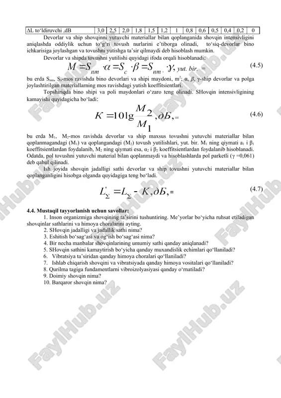 shni yutishga ta’sir qilmaydi deb hisoblash mumkin. devorlar va shipda tovushni yutilishi quyidagi ifoda orqali hisoblanadi: yut. bir. = (4.5) bu erda snm, ss-mos ravishda bino devorlari va shipi maydoni, m2; α, β, γ-ship devorlar va polga joylashtirilgan materiallarning mos ravishdagi yutish koeffitsientlari. topshiriqda bino shipi va poli maydonlari o‘zaro teng olinadi. shovqin intensivligining kamayishi quyidagicha bo‘ladi: = (4.6) bu erda m1, m2-mos ravishda devorlar va ship maxsus tovushni yutuvchi materiallar bilan qoplanmagandagi (m1) va qoplangandagi (m2) tovush yutilishlari, yut. bir. m1 ning qiymati a1 i β1 koeffitsientlardan foydalanib, m2 ning qiymati esa, α2 i β2 koeffitsientlardan foydalanib hisoblanadi. odatda, pol tovushni yutuvchi material bilan qoplanmaydi va hisoblashlarda pol parketli (γ =0,061) deb qabul qilinadi. ish joyida shovqin jadalligi sathi devorlar va ship tovushni yutuvchi materiallar bilan qoplanganligini hisobga olganda quyidagiga teng bo‘ladi. = (4.7) 4.4. mustaqil tayyorlanish uchun savollar: 1. inson organizmiga shovqining ta’sirini tushuntiring. me’yorlar bo‘yicha ruhsat etiladigan …