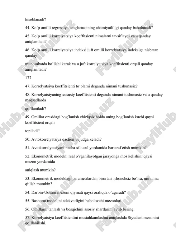 arni tanlash va bosqichini asosiy shartlarini aytib bering. 57. korrelyatsiya koeffitsientini mustahkamlashni aniqlashda styudent mezonini qo’llanilishi. 58. bashorat modelini tanlashda kanday mezonlar qo’llanadi? 59. eng kichik kvadratlar usulini asosiy g’oyasi. 60. vaqtli qator deb nimaga aytiladi? 61. vaqtli qatorlar variatsion qatorlardan qanday xususiyatlari va alomatlari bilan farq qiladilar? 62. vaqtli qatorlarni qanday usullar bilan tekislash mumkin? 63. o’rtacha sirg’aluvchan usul nima va qachon qo’llanadi? 64. vaqtli qatorlarda korrelyatsion-regression tahlil usullarini qo’llash shart-sharoitlarini tushuntirib bering? 65. taklif va boshqa bozor iqtisodiyot qonunlari namoyon bo’lishini o’rganishda regression tahlil usullaridan foydalanish tartibini misollarda tushuntirib bering. 66. bozor narxiga nisbatan taklif elastikligini aniqlash maqsadida regression tahlil usulidan foydalanish tartibini aniq bir misolda tushuntirib bering. 67. additiv va multiplikativ modellarning formulasiga izoh bering. 68. vaqtli qatorlarni qanday usullar bilan tekislash mumkin? 69. dinamik ekonometrik modellarning umumiy xarakteristikalari? 70. avtoregressiya modeli va uning parametrlarini baholashni tushuntirib bering? 71. taklif va boshqa bozor iqtisodiyot qonunlari namoyon bo’lishini …