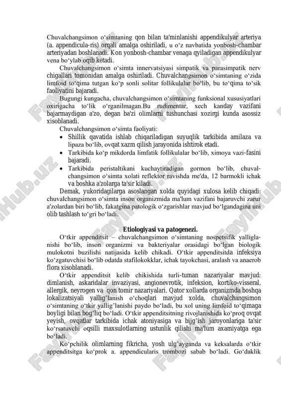 cha yetadi. aksariyat xollarda, chuvalchangsimon o„simta ko„richak orkasida va xatto retroperitoneal joylashgan bo„ladi. ba'zida, o„simtani yukorida – jigar ostida, yoki pastda – kichik chanok bo„shligida – joylashishi kuzatilishi mumkin. ko„pchilik xollarda ko„richak parietal qorin parda bilan xar tomonlama o„ralgan bo„ladi, lekin ba'zi xolatlarda mezoperitoneal joylashgan bo„lib, kam xarakatchang yoki umuman xarakatsiz xolda bo„ladi. ba'zida chuvalchangsimon o„simtaning tug‟ma bo„lmaslik xollari xam uchraydi, lekin bu turdagi xodisalar kamdan kam xollarda bo„ladi. chuvalchangsimon o„simtaning retrotsekal joylashishi, 9-25 % xolatlarda kuzatiladi.retrotsekal o„simta joylashishining 3 turi farklanadi:  qorin parda ichida joylashishi;  qorin devori ichida joylashishi;  qorin orti bo„shligida joylashishi. retrotsekal joylashgan chuvalchangsimon o„simta, ko„pchilik xollarda uzun bo„lib, o„zining uch qismi bilan jigar, buyrak, 12 barmoqli ichak, umurtqa pogonasi, siydik nayi, tuxumdon, siydik pufagigacha borishi mumkin. bunday xolatlarda yalliglanish jarayoni yuqoridagi sanab o„tilgan a'zolarga o„tib, o„tkir appenditsit tashxisini aniqlashni mushkullashtiradi. embriogenez jarayonida ko„richak epigastral soxadan o„ng yonbosh soxasiga tushadi. embrional rivojlanishdagi nuksonlar natijasida …