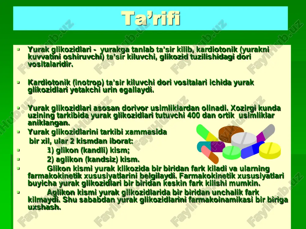 payish; ↓ - kamayish yurak glikozidlarini farmakodinamikasi (farmakodinamik effektlari)  yg asosiy farmakodinamik effektlari – musbat inotrop, manfiy dromo va xronotrop effektlardir. musbat batmotrop ta’sir fakat subtoksik va toksik dozalardagina namoyon bo‘ladi.  yg musbat inotrop ta’siri miokard qisqarishi kuchini va tezligini ortishi bilan namoyon buladi. buning natijasida qisqaruvchanlik kuchayadi, zarbli va minutlik xajm ortadi.  yg manfiy dromotrop ta’siri bulmacha-qorincha tugunini refrakterligini ortishi bilan namoyon bo‘ladi, shu sababdan xam bu preparatlar supraventrikulyar taxikardiya va taxiaritmiyalar paroksizmida kullaniladi.  yg manfiy xronotrop ta’siri sinus tuginini avtomatizmini pasayishi xisobiga yurak qisqarishlar sonini kamayishi bilan namoyon buladi. yg farmakokinetikasi yurak glikozidlari t1/2 soat oksil bilan boglanis hi% absorbsi yasi % ta’siri kummul yatsiya ta’sirini boshlagishi maksimal ta’siri digitoksin 168- 192 90 – 97 90 – 100 2-3 soat 8-12 soat +++ atsetildigitoksin 24-25 25 50 – 80 3-4 soat 6-9 soat ++ digoksin 30-40 20 – 40 30 – 80 1,5-3 soat …
