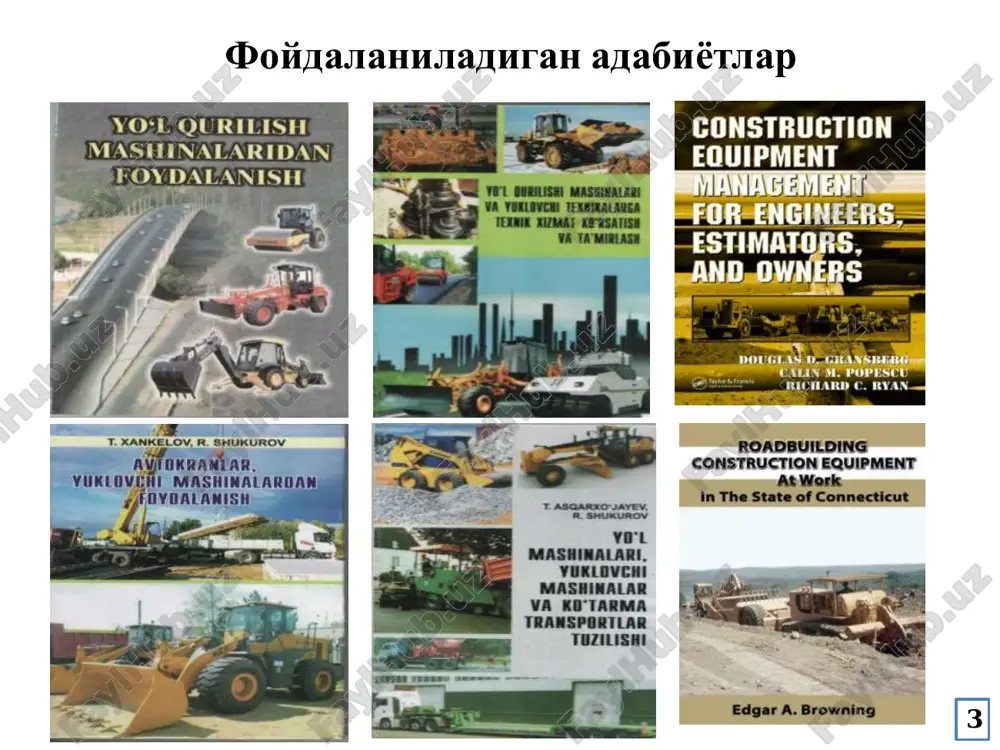 . • vibratorlar miqdori bo'yicha: • -bitta ; • -ikkita. 11 12 13 14 15 6-rasm.statik ikki o'qli katok du-93: 1-yo'naltiruvchi (etaklovchi) g'altak (valets);2-shkvoren;3-dvigatel;4-rul boshqaruvi; 5-uzatmalarni qo'shuvchi richag;6-tent;7-o'tirgichlar;8-balka ;9-etaklovchi g'altak; 10-bortli reduktor;11-uzatmalarni almashtiruvchi quti (korobka) ; 12-so'ndirgich (glushitel) 16 7-rasm.gruntlarni zichlash usullari a –shibbalash (ukatka); b – vibroshibbalash (vibroukatka); v -trambovkalash; g - vibrotrambovkalash (vibrozichlash); 17 18 8-rasm.shibbalovchi ishchi organlar sxemasi a-silliq valets;b-kulachokli; v-panjarasimon valets; g-pnevmatik g'ildirak ;d-plitkali valets e-diskli valets; j-segmetli valets ;kompaktorli valets ; i-ko'pburchakli disklardan iborat valets 19 9-rasm.silliq g'altakli katoklar sxemasi a- ikkig'altakli, uchg'altakli ikki o'qli,uchg'altakli uch o'qli 20