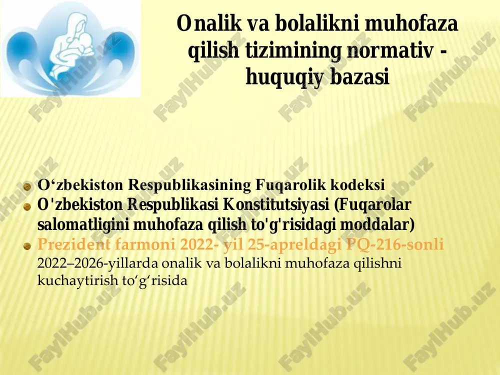 ixtisoslashtirilgan shifoxonalarga yuborish. homilador ayolni antenatal poliklinikada va tug„ruqxonada kuzatishning uzluksizligini ta‟minlash uchun har bir homilador ayolga “tug„ruqxonaning almashinuv kartasi” beriladi, unda ayolning homiladorlik davridagi salomatligi to„g„risidagi asosiy ma‟lumotlar mavjud. u ushbu kartani tug'ruqxonaga yotqizilganida shifokorga beradi. onalik va bolalikni muhofaza qilish muassasalari faoliyatini tahlil qilish miqdoriy ko'rsatkichlar maslahat xodimlari va xodimlar darajasini tavsiflovchi ko'rsatkichlar. shifokorlarning ish yukini tavsiflovchi ko'rsatkichlar: bitta ginekologik hududning o'rtacha soni; ambulator qabul qilish soatiga yuk va boshqalar. ambulator qabulda tumanga muvofiqligi ; uyga faol tashriflar nisbati; patronajni tashkil etish ko'rsatkichlari; dispanser bemorlarni tizimli kuzatish. ishning sifat ko'rsatkichlari perinatal o'lim antenatal va intrapartum o'lim onalar o'limi (100 000 tirik tug'ilgan chaqaloqqa) kech dispanser ro'yxatidan o'tkazishning solishtirma og'irligi homilador ayollarda patologiyaning nisbati tug'ilish bilan tugaydigan homiladorlikning umumiy sonidagi erta tug'ilgan chaqaloqlarning ulushi rh omil uchun tekshiruv ko'rsatkichlari ginekologik kasalliklar (umumiy va vut bilan) tug'ruqxona statsionar yordam ko'rsatiladigan asosiy muassasa . tug'ruqxonaning ish yo'nalishlari  terapevtik va diagnostik …