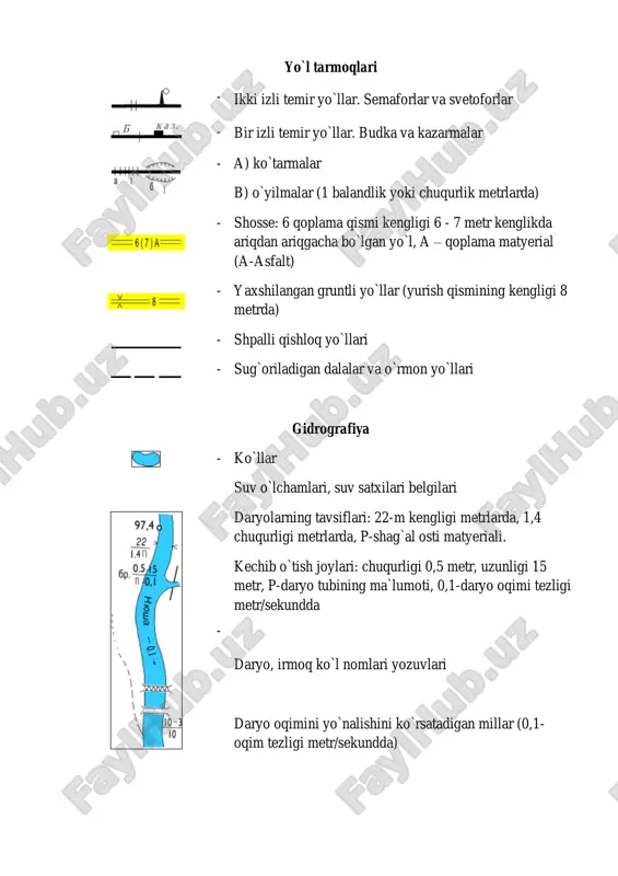 sh qismi, 10-yuk ko`tara olish og`irligi tonnada quriyotgan daryolar - quduqlar: 123,2m- quduq oldidagi yyer sirti belgisi,m , 9- m quduq chuqurligi, metrlarda - buloqlar relef - a. sun`iy chuqurlik b. tabiy chuqurlik (2-metr chuqurlikda) v.jarlik(3-metr chuqurlikda) - kengliklari 3-metrgacha bo`lgan o`pirilmalar o`rmonlar va shagallar - aralash o`rmonlar - bargli o`rmonlar - o`rmondagi butazor ekinlari (o`rtacha daraxt balandligi 2 metr) - 1) aloxida butalar 2) saralangan o`rmon butalar guruhi xaritalarda joy tafsilotini (aholi punktlari, o`simliklar, yo`llar, daryolar, ko`llar, dengizlar) va har xil ob`yektlarni belgilash uchun shartli belgilardan foydalaniladi.