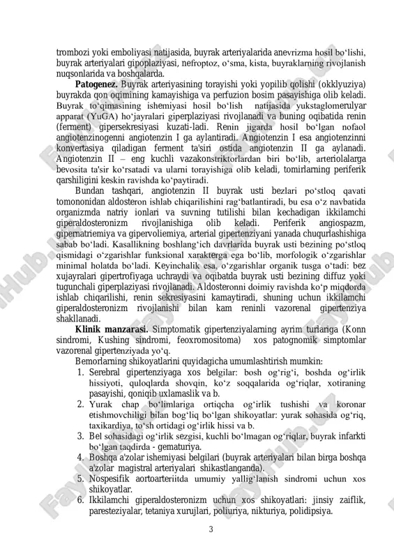 enziyaning sabablaridan biri nospesifik aortoarteriit (takayasu kasalligi) hisoblanadi. nospesefik aortoarteriit tarqalgan xarakterga ega bo‘lgan kasallik bo‘lib, patologik jarayon asosan aorta ravog‘i tarmoqlari, torakoabdominal aorta va uning tarmoqlarida kuzatiladi. vazorenal gipertenziyaning boshqa sabablari orasida nospesifik aortoarteriit 17-22% ni tashkil qiladi. bu kasallikda buyrak arteriyalarining zararlanishi aksariyat ikki tomonlama bo‘ladi va har ikkala jinsdagi shaxslarda ham kuzatiladi, biroq asosan yosh ayollarda ko‘proq kuzatiladi. kasallik odatda 11-20 yoshda boshlanadi, 2-3 yildan so‘ng buyrak arteriyalarining torayishi yuzaga chiqadi. patogenezi bo‘yicha bu kasallik autoimmun xarakterga ega bo‘lib, etiologiyasi xozirgacha to‘liq aniqlangan emas. klinik jihatdan kasallik tana haroratining ko‘tarilishi, leykositoz, echt ning ortishi, gipergammaglobulinemiya, fibrinogenning oshishi va s-reaktiv oqsili paydo bo‘lishi kabi belgilar bilan boshlanadi. vazorenal gipertenziya yana quyidagi holatlarda yuzaga kelishi mumkin: buyrak arteriyasining ekstravazal kompressiyasi oqibatida, buyrak arteriyasi o‘tkir 3 trombozi yoki emboliyasi natijasida, buyrak arteriyalarida anevrizma hosil bo‘lishi, buyrak arteriyalari gipoplaziyasi, nefroptoz, o‘sma, kista, buyraklarning rivojlanish nuqsonlarida va boshqalarda. patogenez. buyrak arteriyasining torayishi …