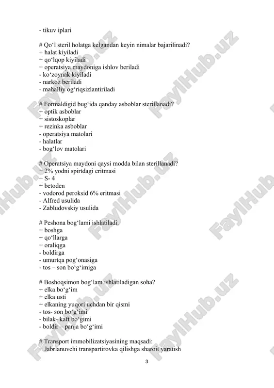qorin va plevra bo‘shliqlariga teshib kiruvchi # qon ketishini to‘xtatishning barcha usullarini ko‘rsating (c.: + biologik, ximiyaviy usullar + mexanik, fizik usullar + vaqtinchalik, batamom usullar - birlamchi, ikkilamchi usullar - adekvat, noadekvat usullar - o‘tkir va surunkali usullar # qon ketishini to‘xtatishning vaqtinchalik 3 ta usullarini ko‘rsating (c.: + oyoq qo‘llarni bo‘g‘im sohasida maksimal bukish + jgut qo‘yish + jarohatda tomirlarni barmoq bilan bosib turish - tomirlarga chok qo‘yish - elektrokoagulyasiya - tomirlarni bog‘lash # qon ketishini to‘xtatish uchun ishlatiladigan 4 ta kimyoviy moddani ko‘rsating: + epsilon aminokapron kislotasi + natriy etamzilati + ditsinon - geparin - kalsiy xloridi - yangi muzlatilgan plazma # qon ketishini to‘xtatish uchun ishlatiladigan 4 ta biologik vositani ko‘rsating: + fibrin, trombin + vikasol + gemostatik gubka - ditsinon - kalsiy xloridi - epsilon aminokapron kislotasi # qon guruhini chorraxaviy aniqlashda quyidagilardan foydalaniladi: + standart eritrositlar + standart zardoblar + 33% poliglyukin - jelatina …