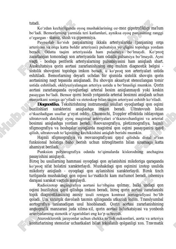 bilan, gangrena rivojlanishi bilan tugallanadi. oyoqlarning klinik yuzaga chiqadigan ishemiyasi qorin aortasi terminal bo‘limining to‘liq okklyuziyasida yoki aorta-yonbosh segment stenozida paydo bo‘ladi. qorin aortasi stenozlovchi zararlanishlarining klinik manzarasi joylashgan o‘rniga, uzunligiga, kollateral qon aylanishi avj olishiga va kasallikning qachon boshlanganiga bog‘liq va chanoq organlari, dumba va oyoq muskullarida ishemiya avj olishi bilan aloqador bo‘ladi. bemorlar yurganda birinchi galda boldir muskullaridagi og‘riqdan noliydilar. og‘riq tekis joydan yurganda to‘satdan paydo bo‘ladi va tez o‘tib ketmaydi. bemor to‘xtab qolishga majbur bo‘ladi. toqqa ko‘tirilganda yoki zinapoyadan chiqilganda og‘riq tezrok paydo bo‘ladi. qorin aortasi zararlangan bemorlarning amalda qariyb 90 foizi oqsoqlanib qolganliklari sababli vrachga murojaat qiladilar. aorta okklyuziyalarida ishemik og‘riqlar asosan dumba muskullarida, boldir va son muskullarida (aksariyat orqa va lateral satxi bo‘ylab) xarakat vaqtida paydo bo‘ladi. erta bosqichda oqsoqlanishning bu turi dumbalar soxasida va sonlarning orqa yuzasida tortishish ko‘rinishidagi og‘riq sezgilari yuzaga kelishidan iborat bo‘ladi. vrachlar ko‘pincha buni bel-dumgaza radikuliti yoki kuymich nervi yallig‘lanishi …
