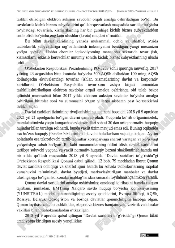 atbiq etildi, jumladan, bir shartnoma summasi 300 aqsh dollaridan oshmaydigan tovar(ish, xizmat)lar to‘g‘ridan- to‘g‘ri sotib olinishi, 300 aqsh dollaridan 100 ming aqsh dollari ekvivalentigacha bo‘lgan tovar(ish, xizmat)lar elektron auksionlar o‘tkazish va tanlov savdolari orqali xarid qilinishi, 100 ming aqsh dollaridan 1 mln. aqsh dollarigacha bo‘lgan tovar(ish, xizmat)lar tenderlar orqali amalga oshirilishi belgilandi. davlat xaridlari tizimini tartibga solish va bu yo‘nalishdagi qonunchilikni takomillashtirish uchun mas’ullik yuklatilgan hukumat komissiyasi tuzildi. yangi tartibga binoan, davlat xaridlari bo‘yicha hukumat komissiyasi tomonidan bir shartnoma summasi 300 aqsh dollaridan 100 ming aqsh dollari ekvivalentigacha bo‘lgan alohida tovar(ish, xizmat)lar ro‘yhati tasdiqlanib, bu ro‘yxatdagi 13 guruhdagi tovar(ish, xizmat)lar o‘zbekiston respublika tovar-xom ashyo birjasi tomonidan 2 o‘zbekiston respublikasi vazirlar mahkamasining 2000 yil 21 noyabrdagi 456-sonli “tender savdolarini tashkil etishni takomillashtirish chora-tadbirlari to‘g‘risida”gi qarori 3 o‘zbekiston respublikasi prezidentining 2011 yil 7 fevraldagi pq-1475- sonli “davlat xaridlari tizimini makbullashtirish va unga kichik biznes sub’ektlarini jalb etishni kengaytirish to‘g‘risida”gi qarori "science and …