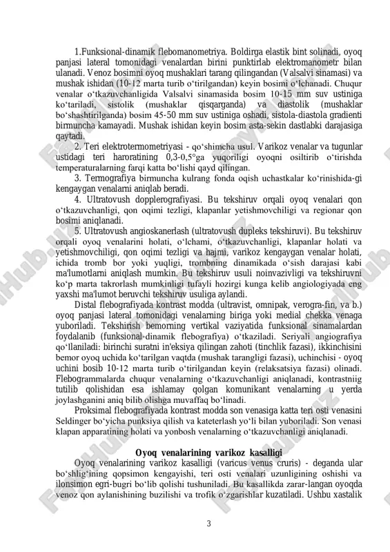 . og„riqning paydo bo„lishi chuqur venalar zararlanganini ko„rsatadi. takror tekshiruvda boldir aylanasi o„lchamining ortishi - chuqur venalarning o„tkazuvchan emasligini ko„rsatadi. komunikant venalar klapanlarining holati haqida tushunchani pratt-2 sinamasi, uch jgutli sheynis sinamasi va talman sinamasi beradi. pratt-2 sinamasi. yotgan holatda teri osti venalari bo„shatilgandan so„ng oyoq panjasidan boshlab elastik bint bog„lanadi. songa pupart boylami ustiga jgut bog„lanadi. o„rindan turish taklif qilinadi. jgut ostiga ikkinchi elastik bint bog„lanadi. so„ngra pastdagi bint o„ram-o„ram qilib yechiladi, yuqoridagi bintni esa oyoqqa bintlar orasida 5-6 sm ochiq joy qoladigan qilib pastga o„raladi. bintlardan ozod bo„lgan uchastkada venalarning tez to„lishi bu yerda ishlamaydigan klapanlari bo„lgan komunikant venalar borligini ko„rsatadi. ularga ko„k dori surtib belgilab qo„yiladi. sheynisning uchta jgutli sinamasi. teri osti venalari bo„shatilgandan keyin bemorga yotgan holatida: sonning yuqori uchdan bir qismiga, son o„rtasiga va tizzadan pastga uchta jgut qo„yiladi. o„rindan tik turish taklif qilinadi. oyoqning jgutlar bilan chegaralangan biror kesigida venalarning tez bo„rtib chiqishi shu …
