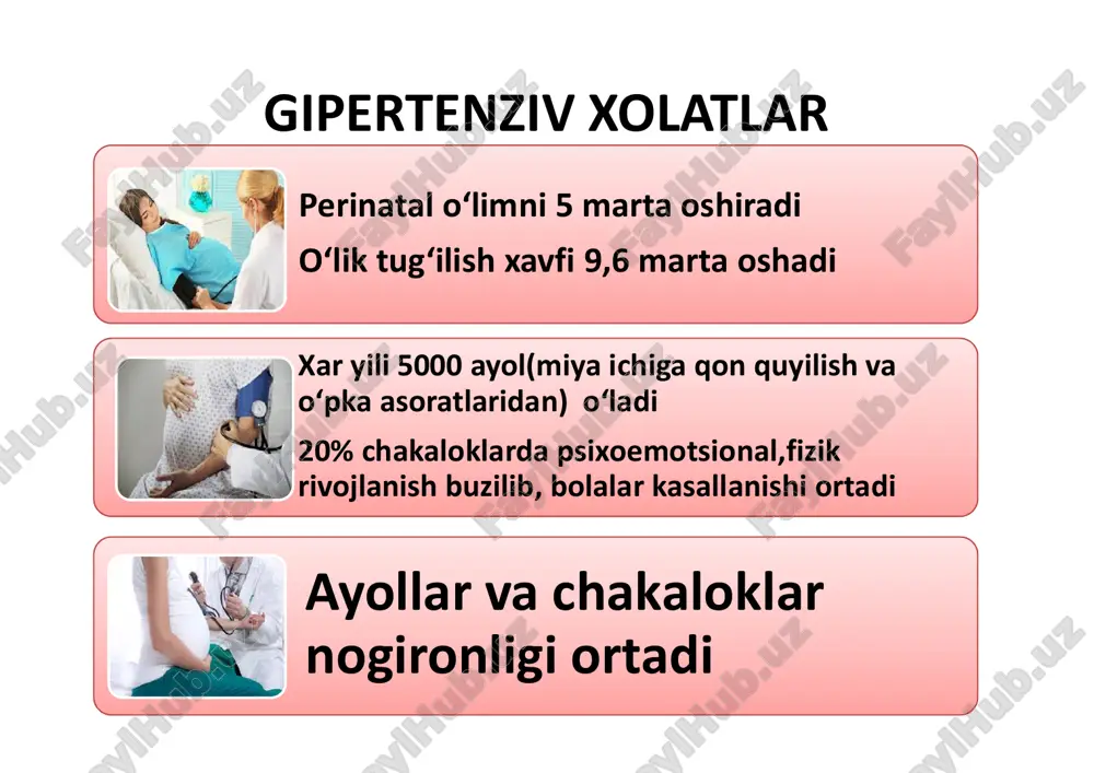 kali gipertenziya preeklamp- siya: o‘rtacha va og‘ir eklampsiya preeklampsiya eklampsiya surunkali gipertenziya fonida homiladorlarda akb ko‘tarilish darajasi bo‘yicha tasnifi( ag, gag, pe) termino- logiya sab mm.sim. ust. teng dab mm.sim.ust. teng normal akb 50med/l) • mochevina 4mkmol/l ortishi, kreatinin 1,1 mg/dl ortishi • nafas etishmovchiligi • xomilani rivojlanishini orqada qolishi xomiladorlikni 33 xavftasigacha rivojlangan preeklampsiyada ona o‘lim xavfi 22marta baland va fakat 50% chakaloklar sog‘lom tug‘iladi ogir preeklampsiyada xomiladorlikni olib borish • reanimatsiyaga yotkizish • 1 ta akusherka 1 ta bemorga biriktirilishi kerak • siydik kateterini kuyish • zudlik bilan qon taxlili utkazish, trombotsitlar mikdorini aniklash • jigar faoliyatini tekshirish • magnezial terapiyani olib borish • antigipertenziv davoni utkazish • xomila xolatini doimiy kuzatib borish preeklampsiyani davolash prinsiplari gipotenziv davo magnezial davo konni reologik va koagulyasion xususiyatlarini aqx, elektrolit, oksil balans davo xususiyatlarini to‘g‘irlash magnezial terapiya zuspan usuli • yuklama doza - 4 g magniya sulfatni kuruk moddasi t/i 20 …